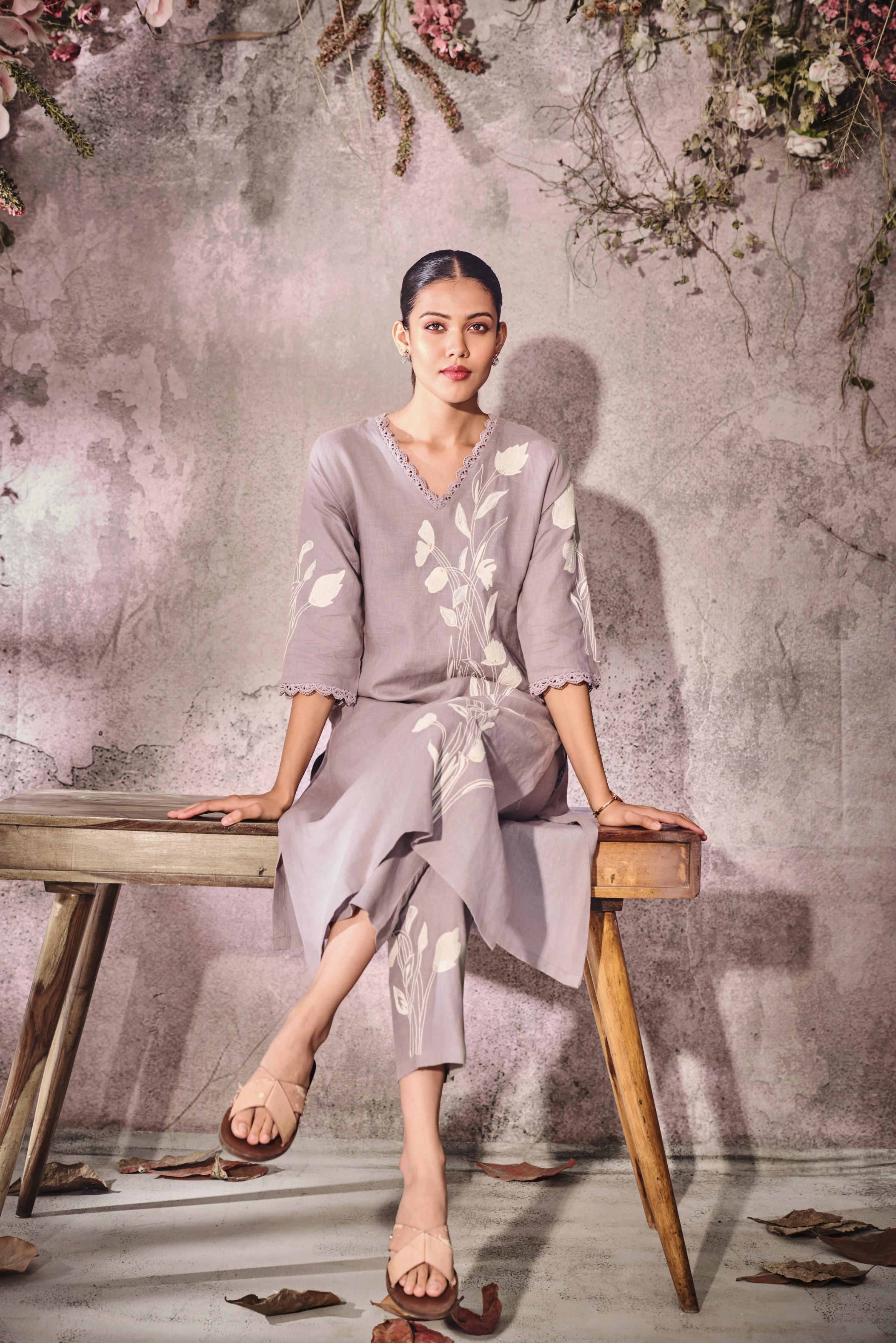 Pale Violet Embroidered Linen Silk Kurta Set