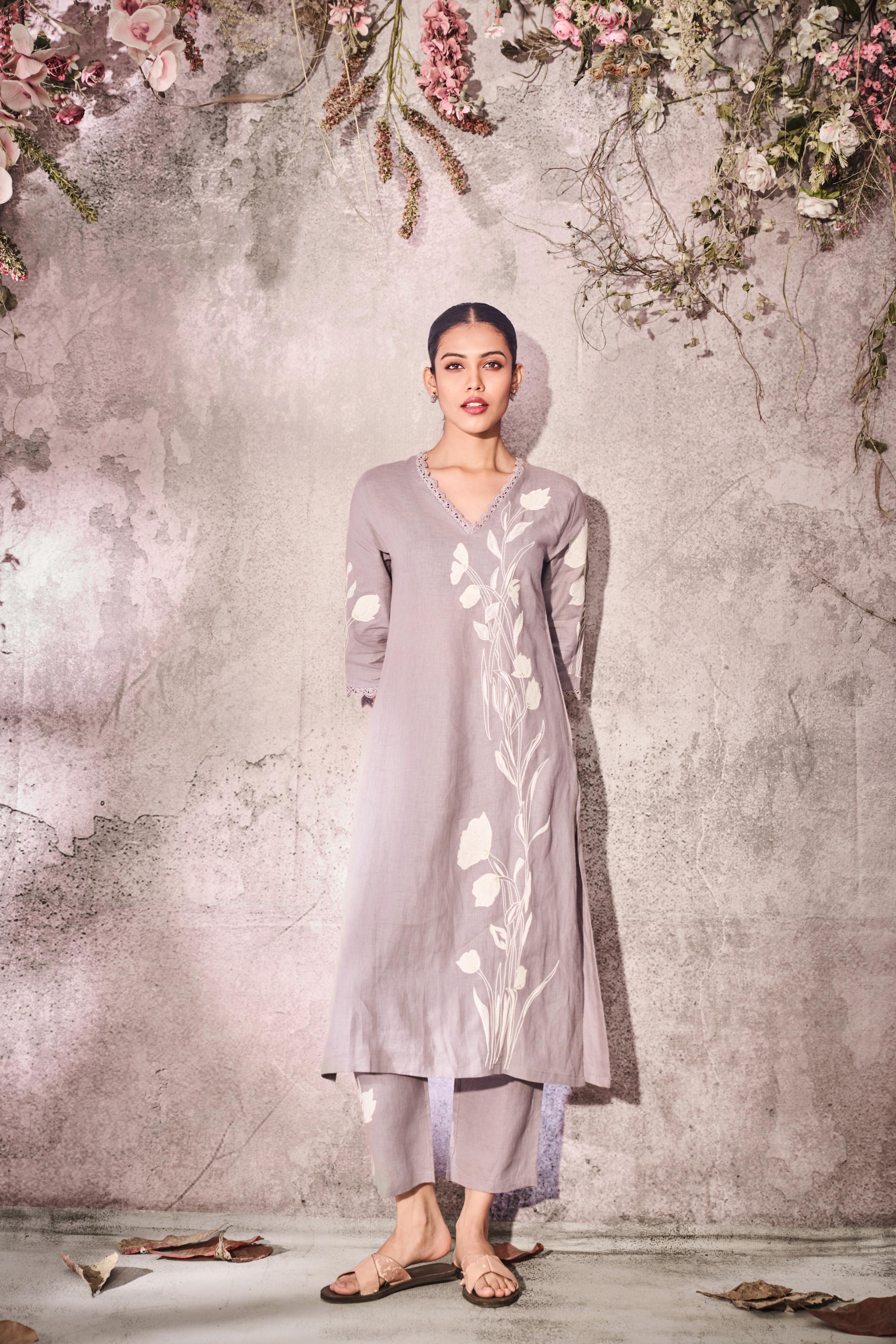 Pale Violet Embroidered Linen Silk Kurta Set