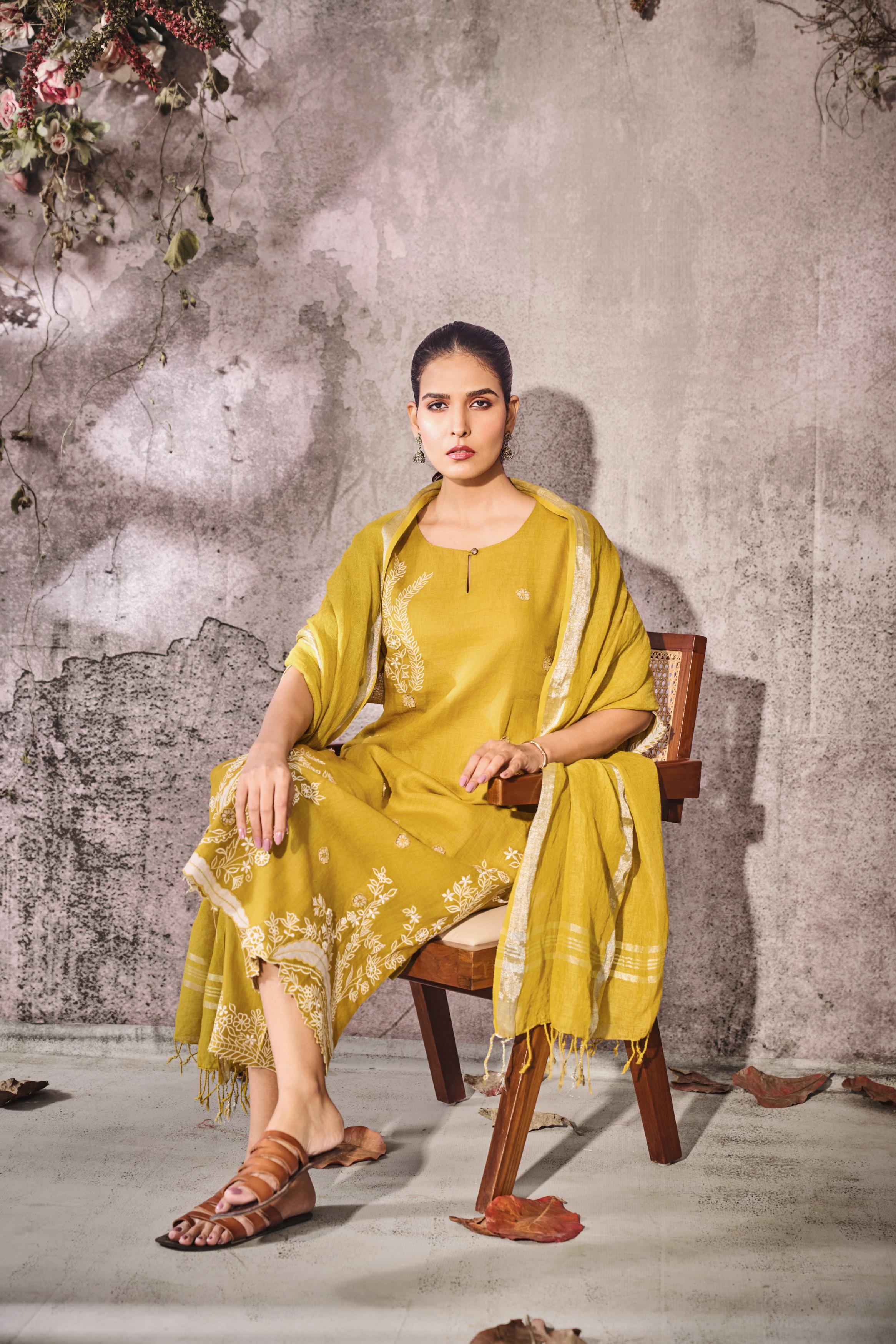 Mustard Yellow Embroidered Linen Silk Pant Set