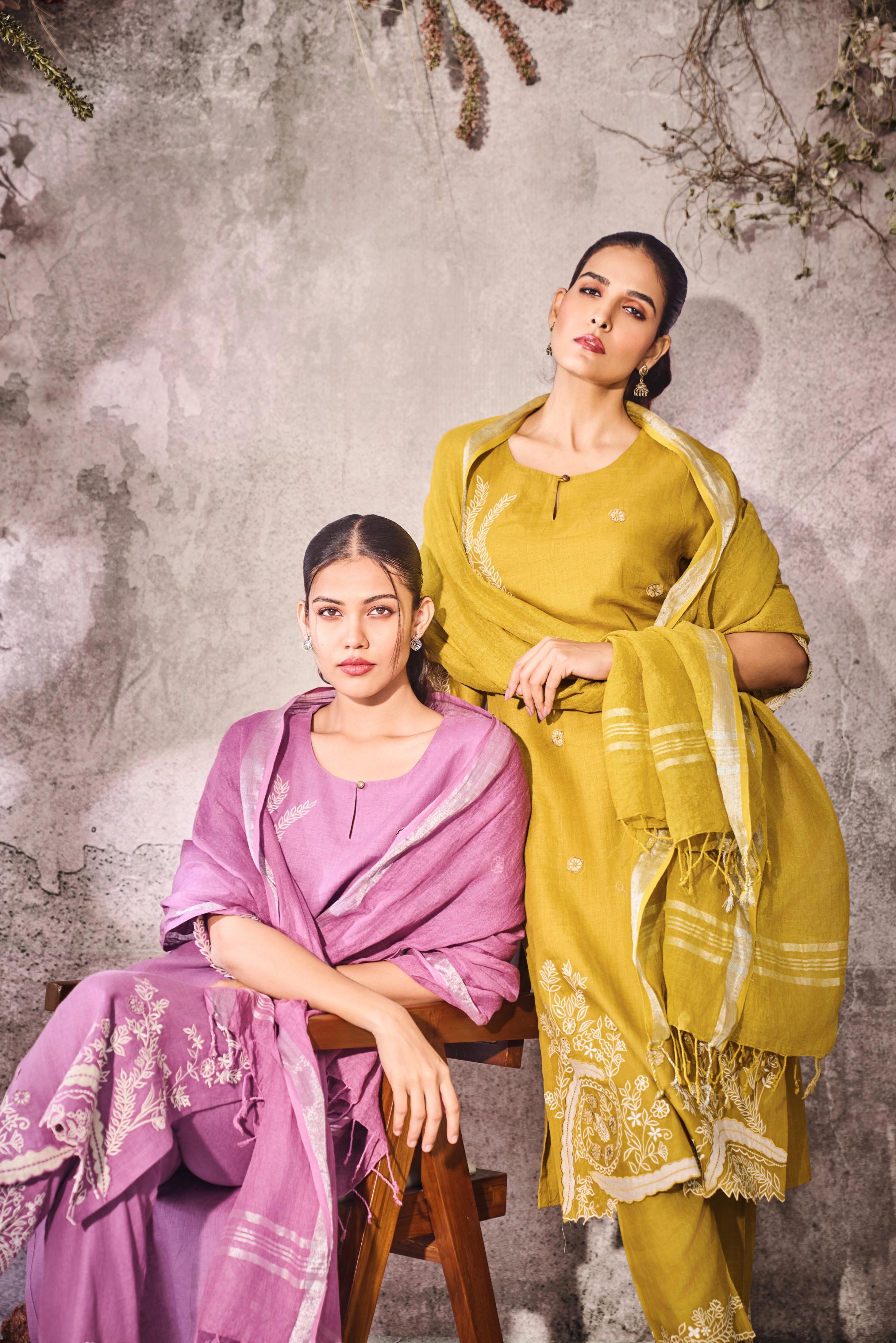 Summer Lavender Embroidered Linen Silk Pant Set