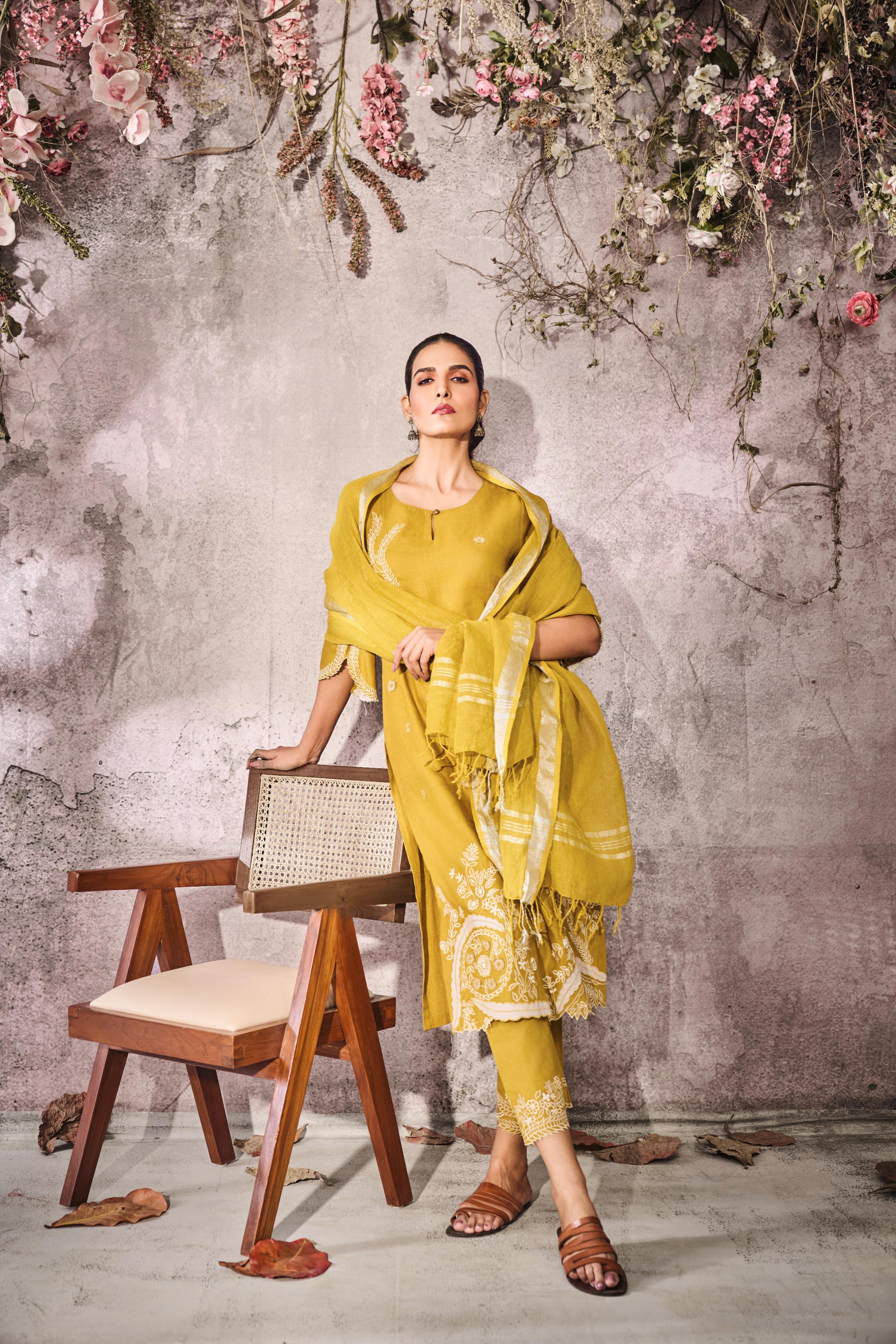 Mustard Yellow Embroidered Linen Silk Pant Set
