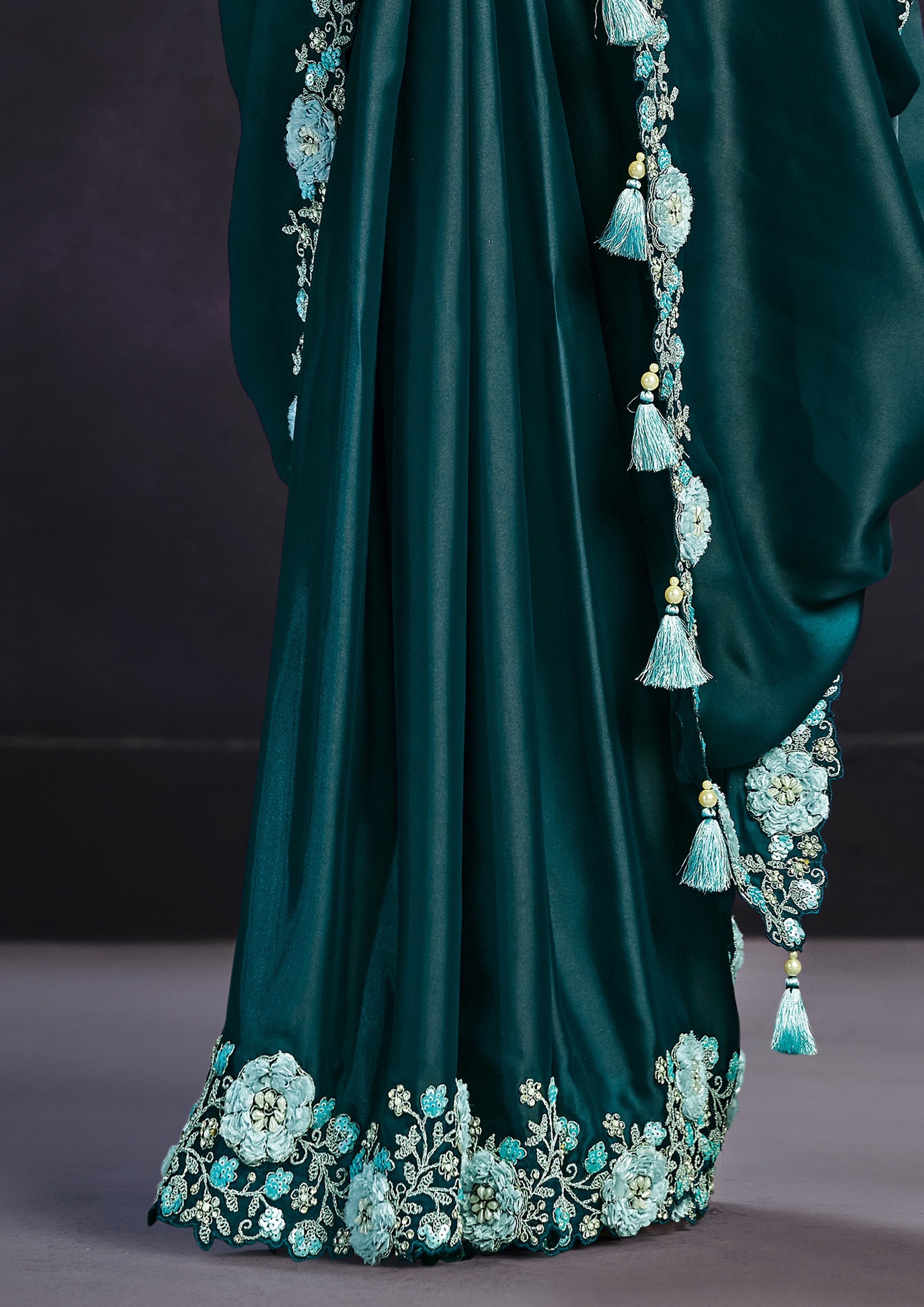 Teal Blossom Embellished Crepe Satin Silk Saree