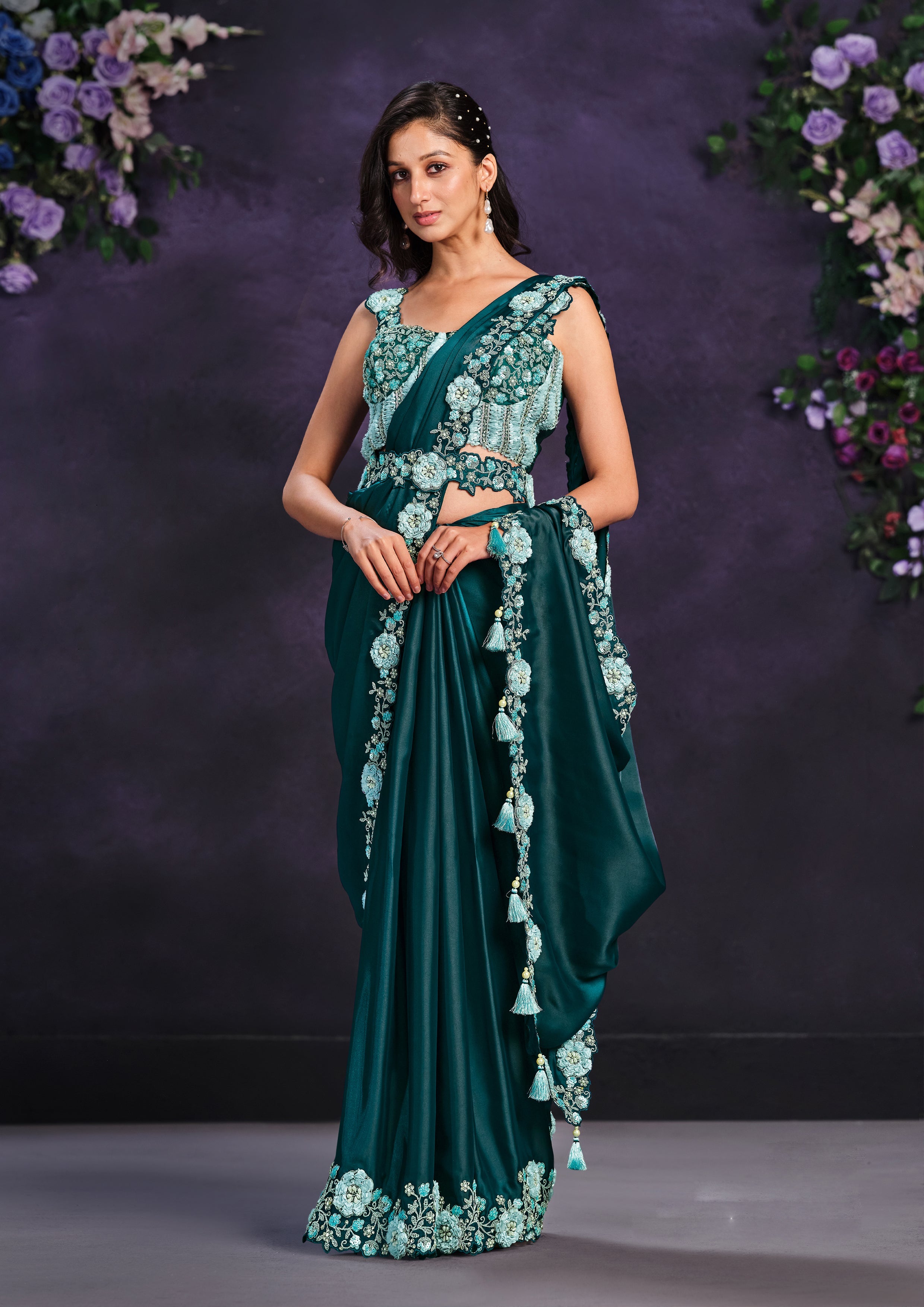 Teal Blossom Embellished Crepe Satin Silk Saree