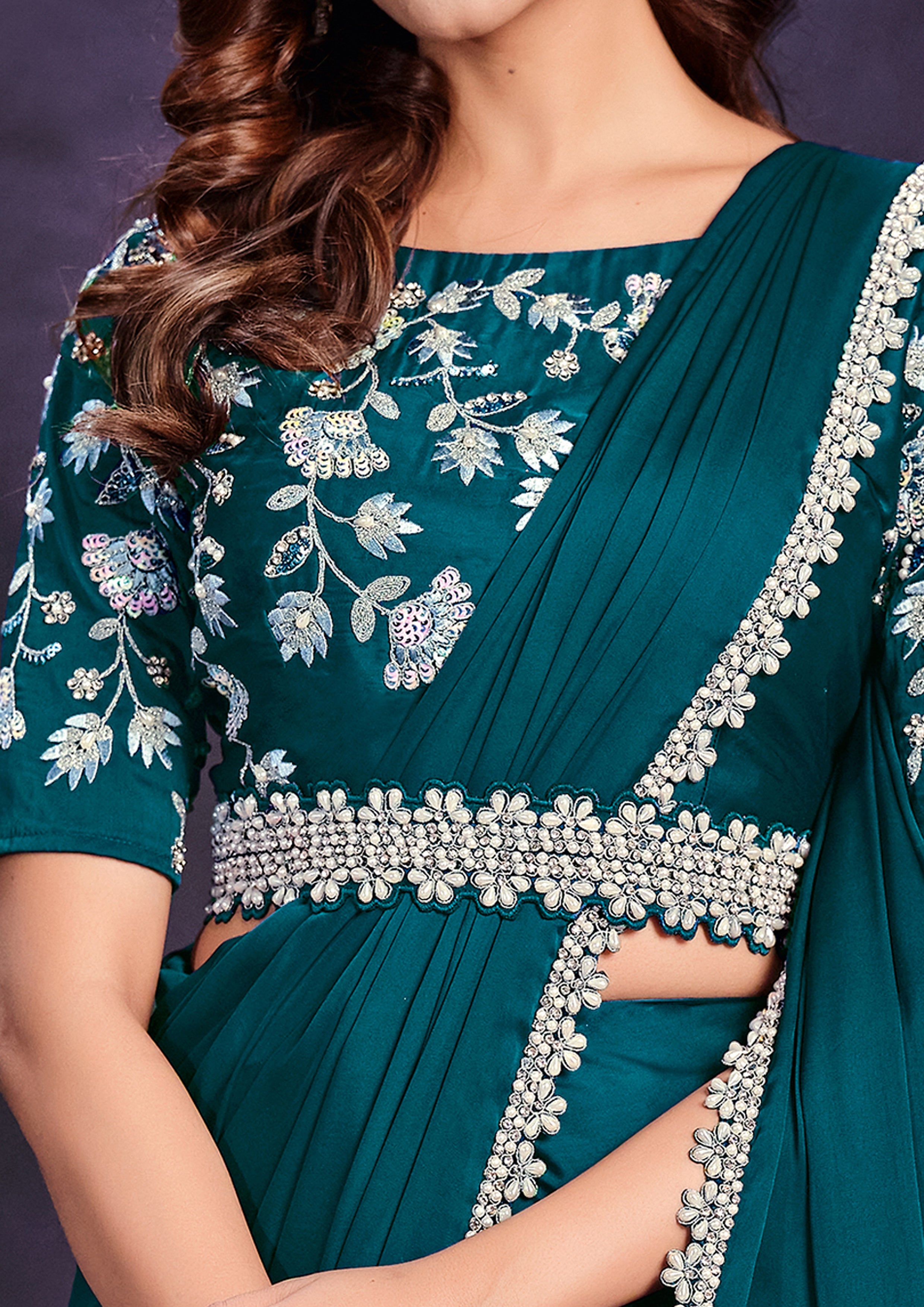 Teal Botanical Embellished Crepe Satin Silk Saree