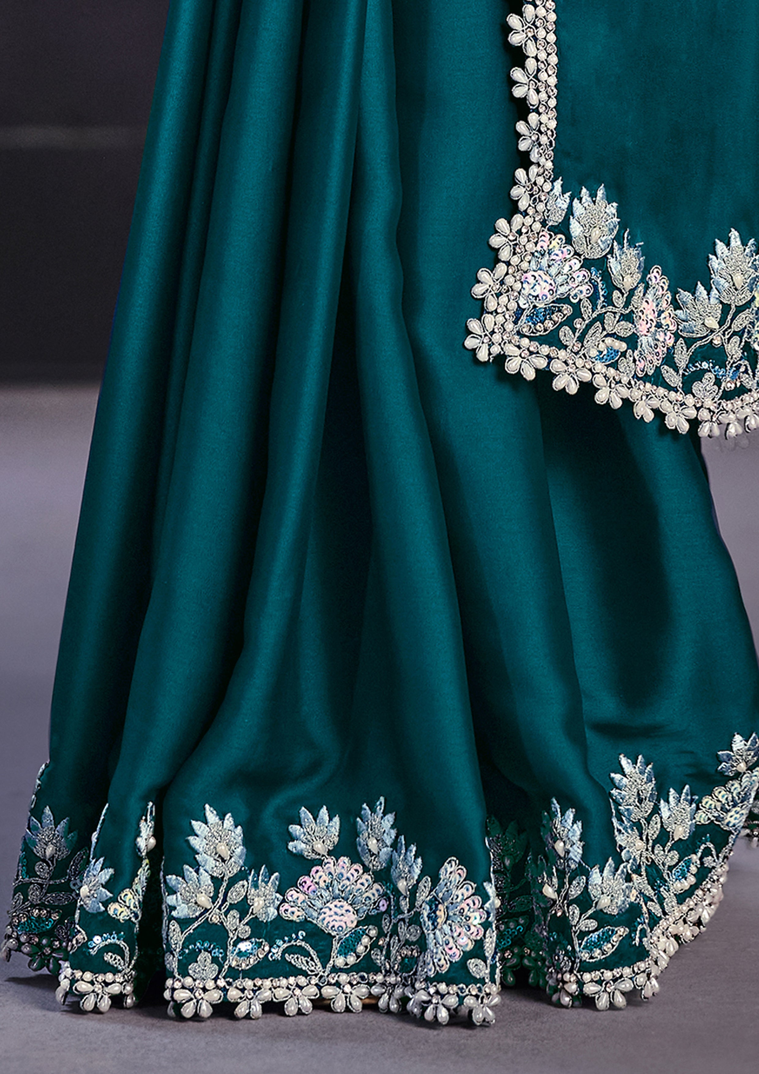 Teal Botanical Embellished Crepe Satin Silk Saree