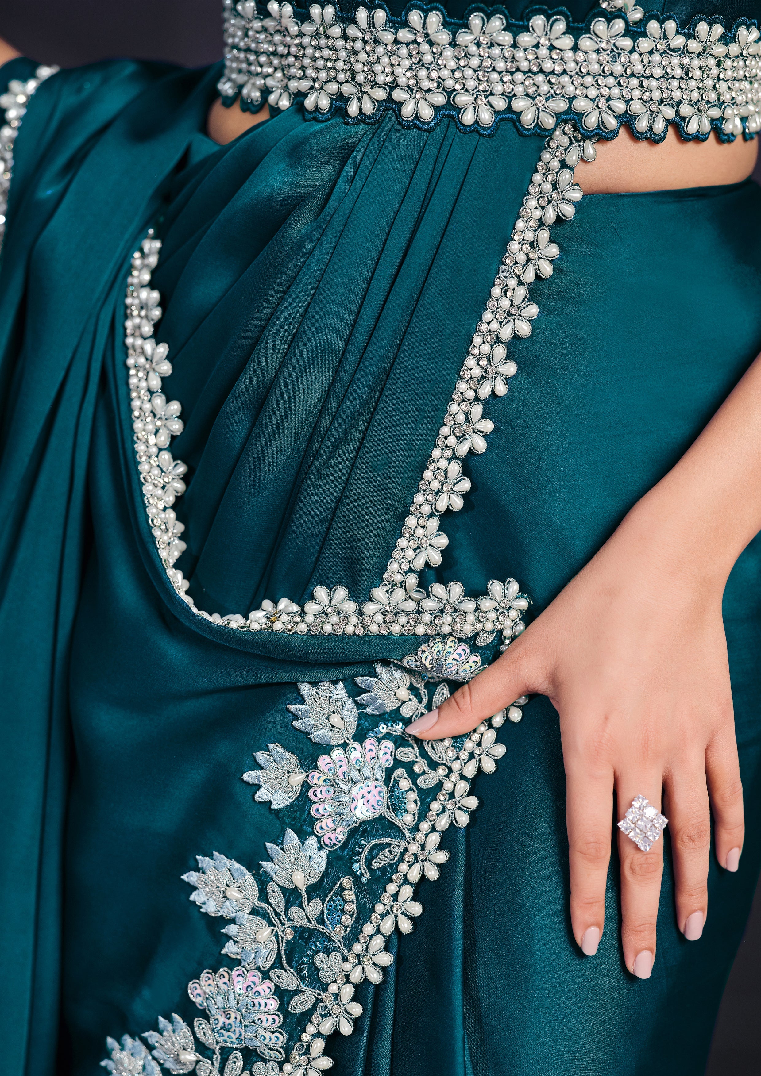 Teal Botanical Embellished Crepe Satin Silk Saree