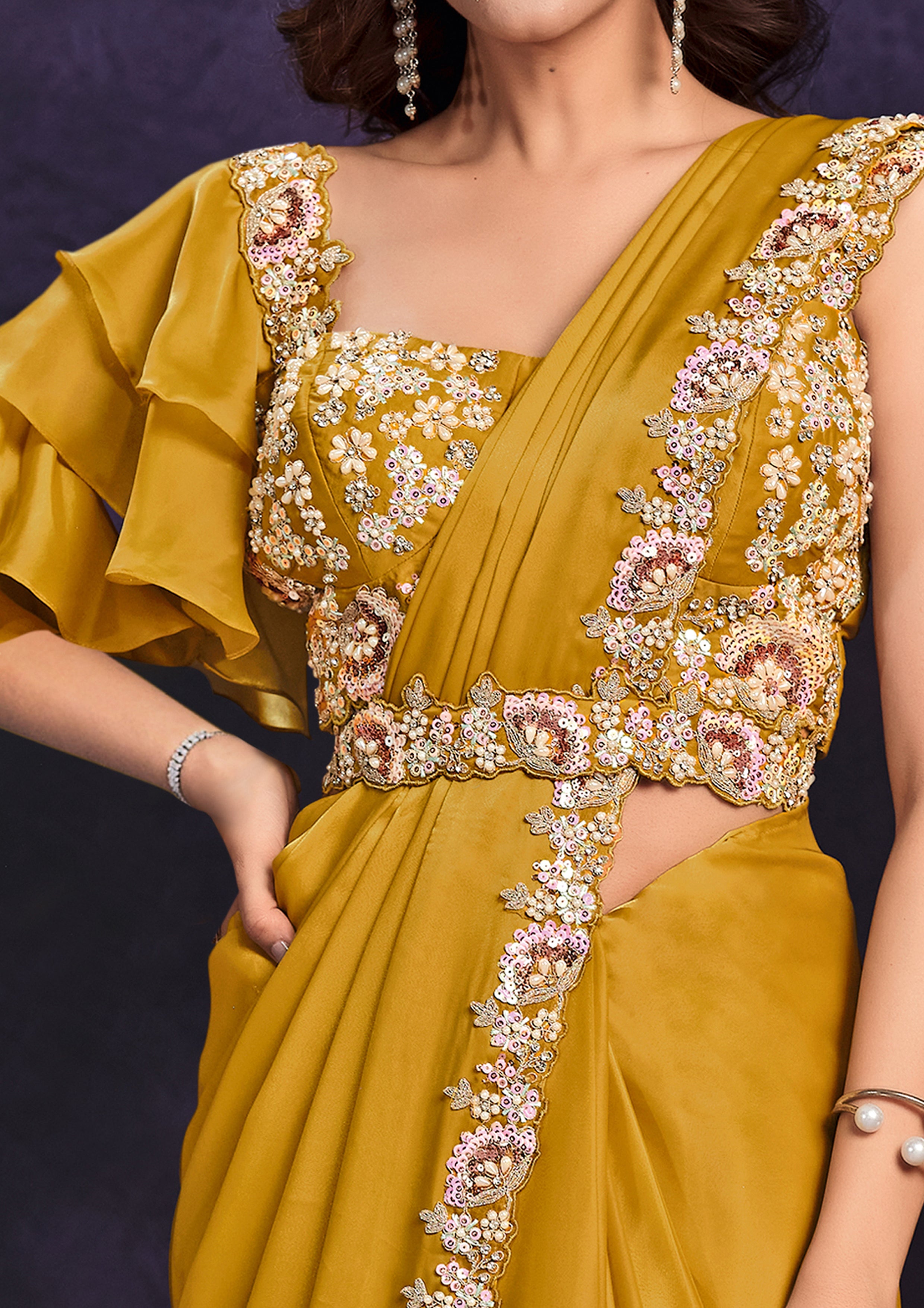 Mustard Ruffle Embellished Crepe Satin Silk Saree