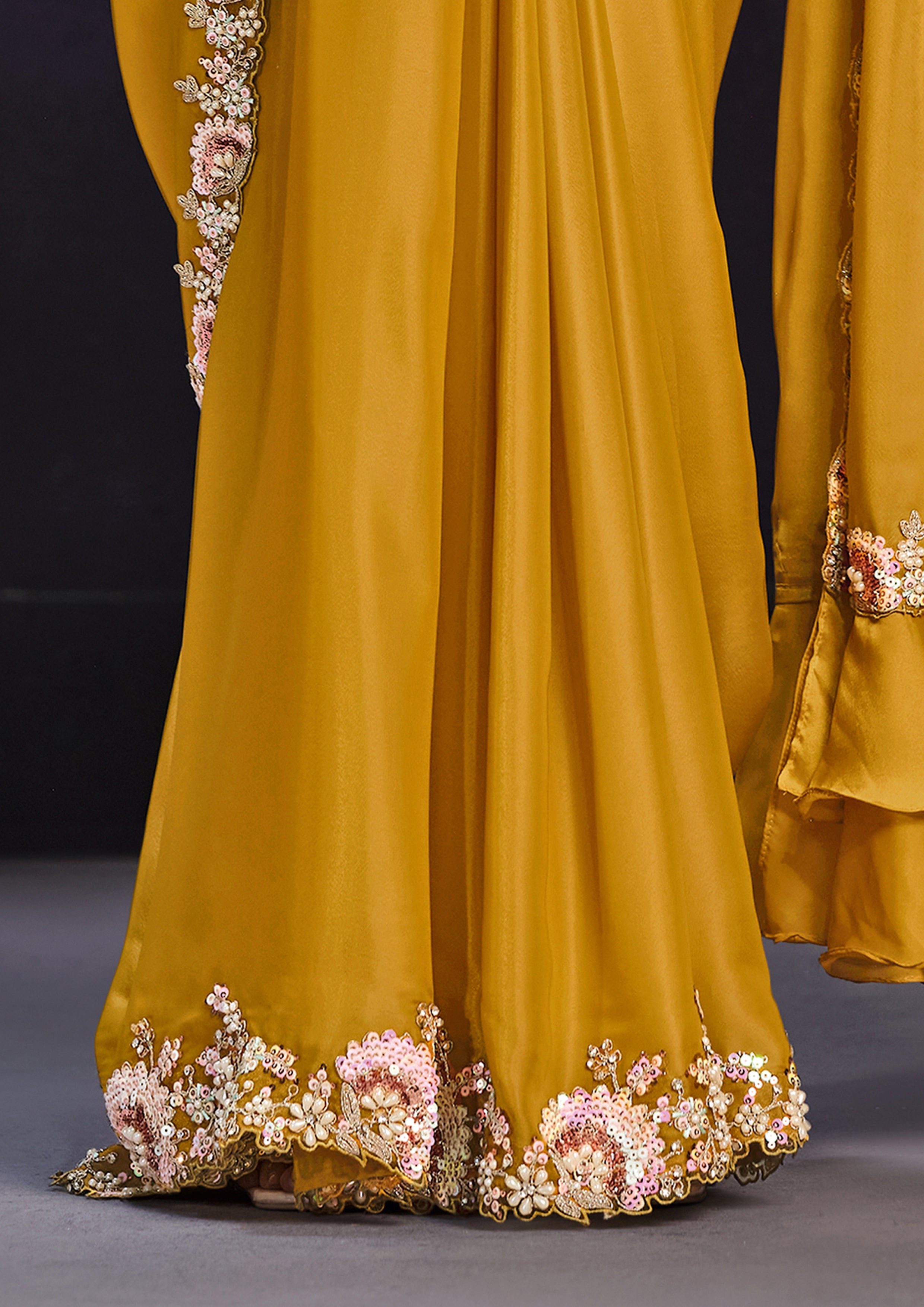 Mustard Ruffle Embellished Crepe Satin Silk Saree