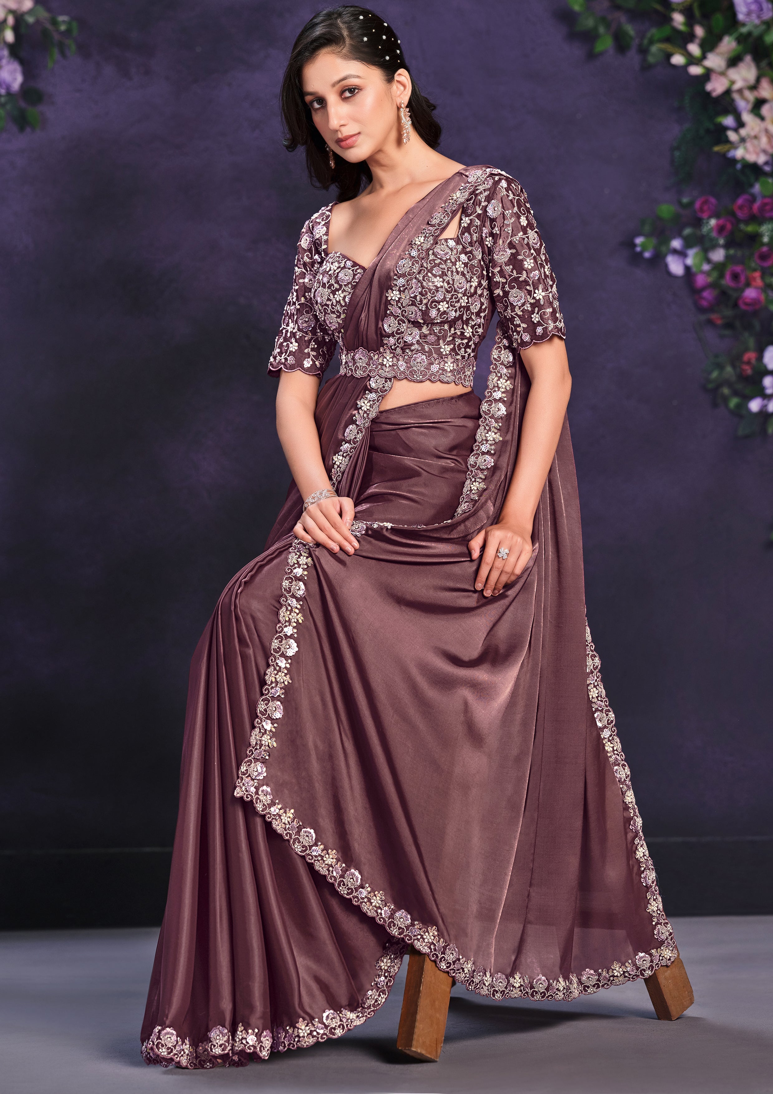 Muted Plum Embellished Crepe Satin Silk Saree