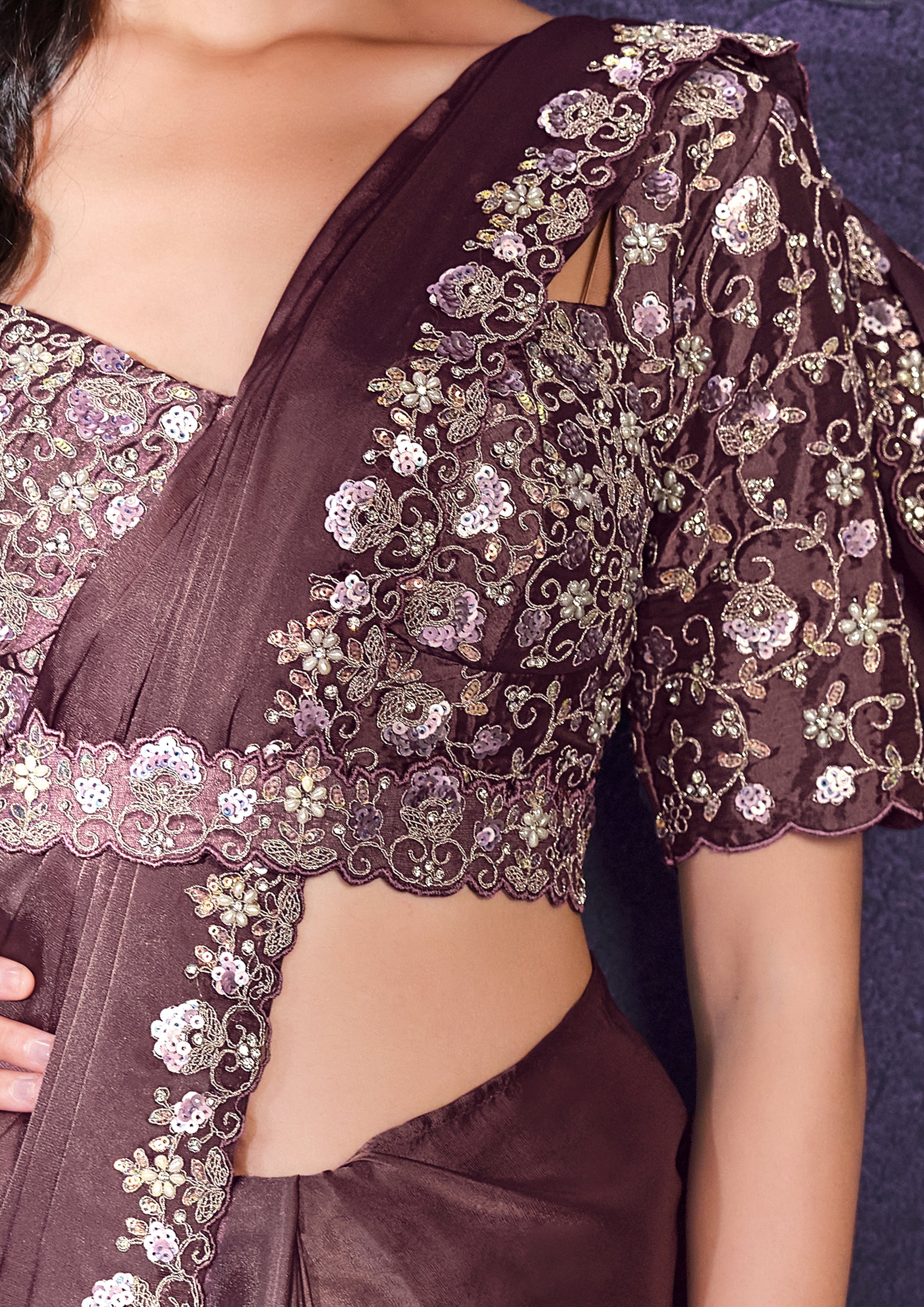 Muted Plum Embellished Crepe Satin Silk Saree