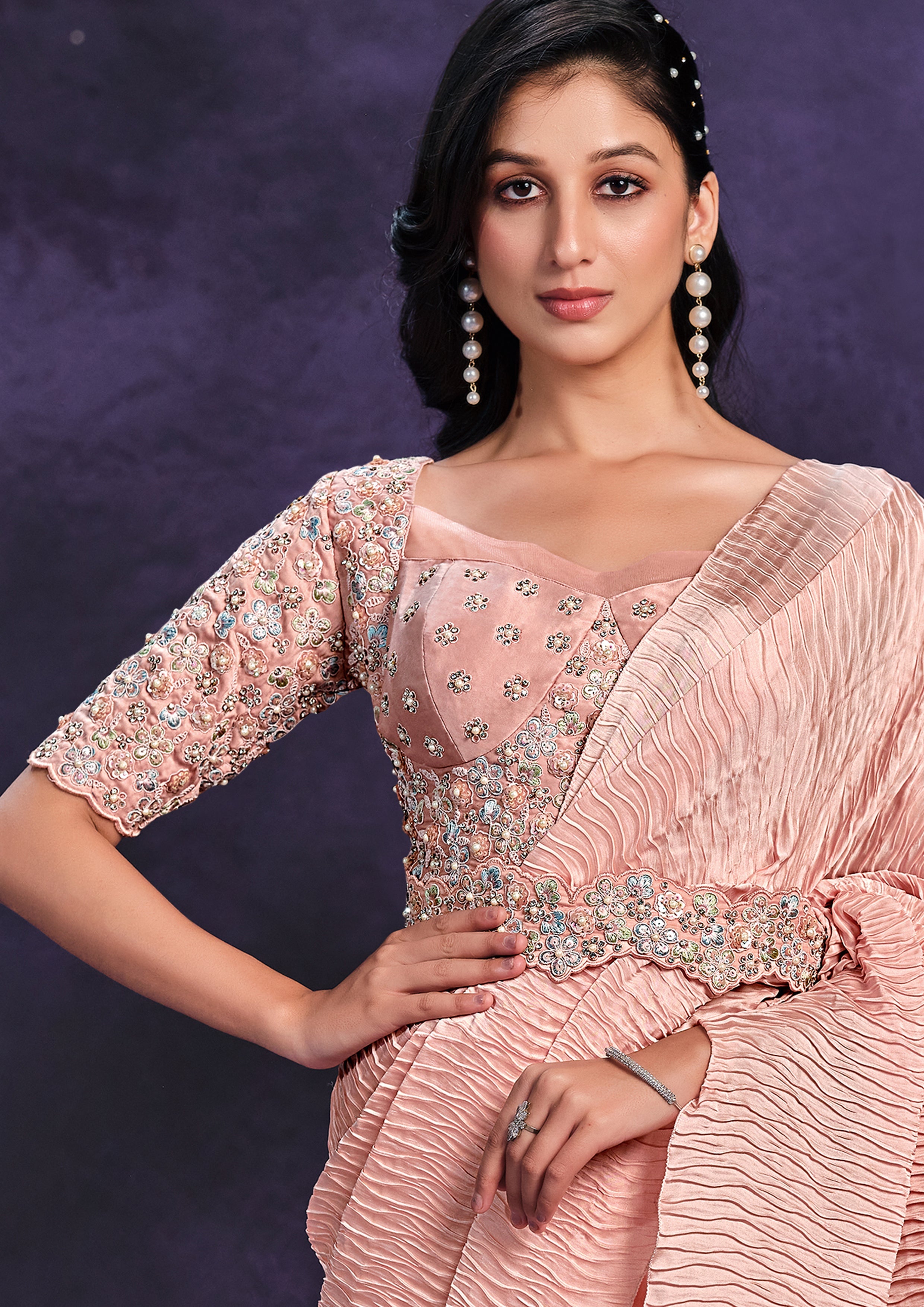Peach Nectar Embellished Crepe Satin Silk Saree
