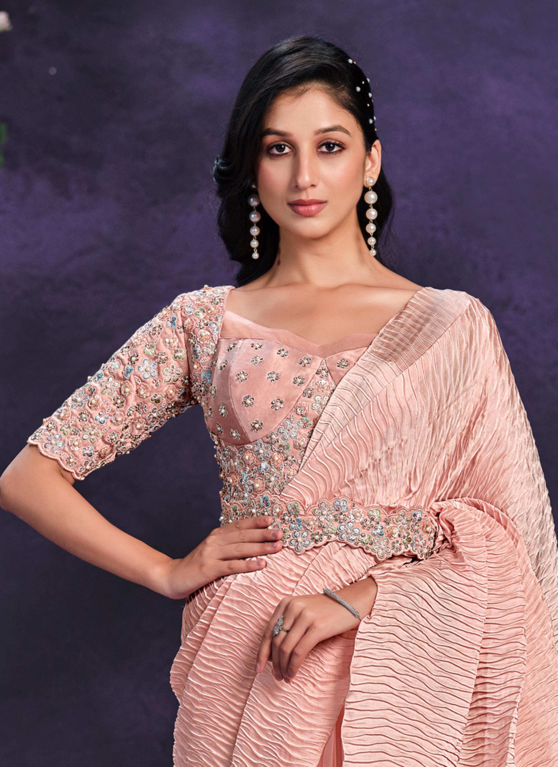 Peach Embellished Crape Satin Silk Saree