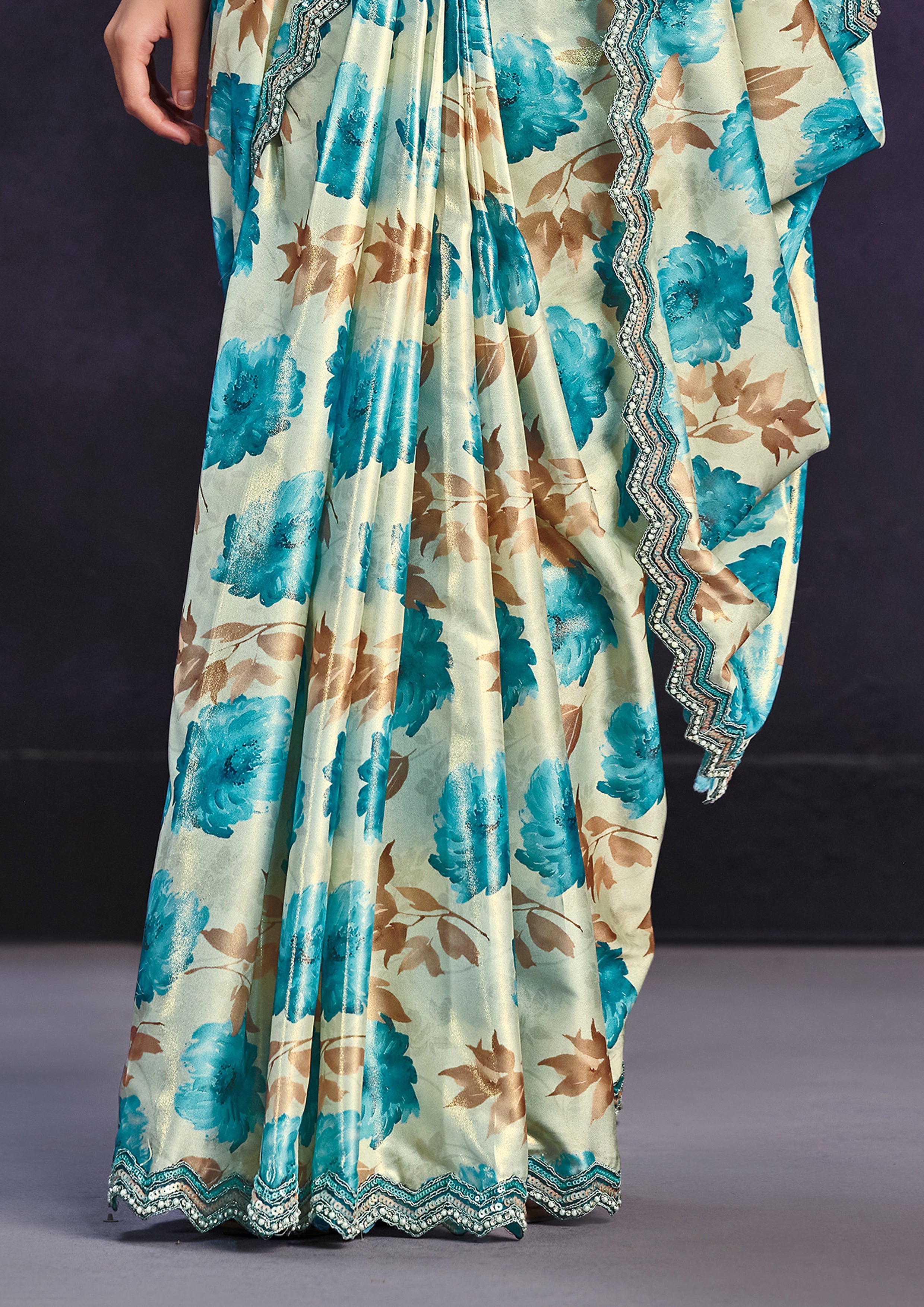 Aqua Floral Embellished Satin Silk Saree