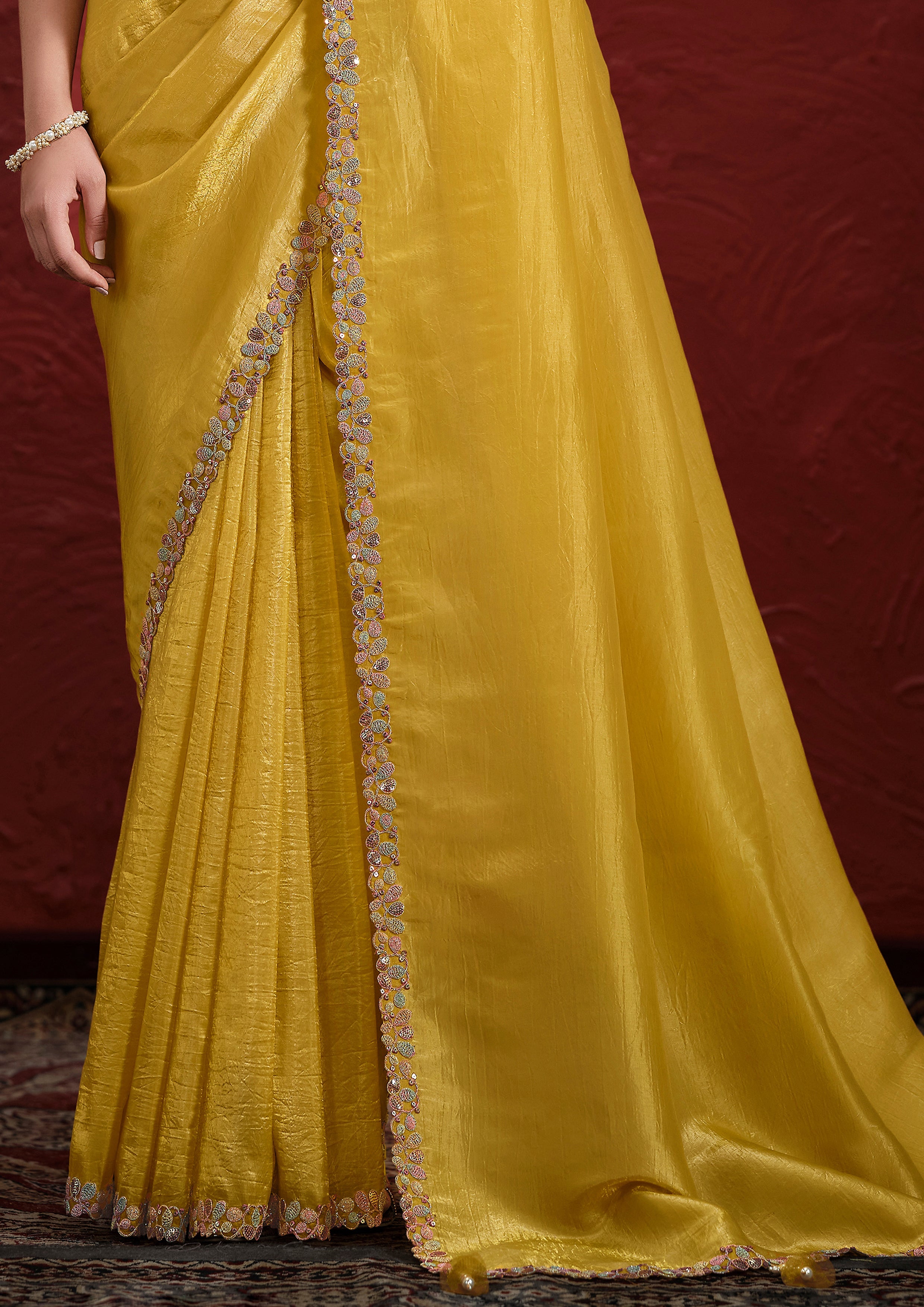 Mustard Yellow Embroidered Paper Silk Saree