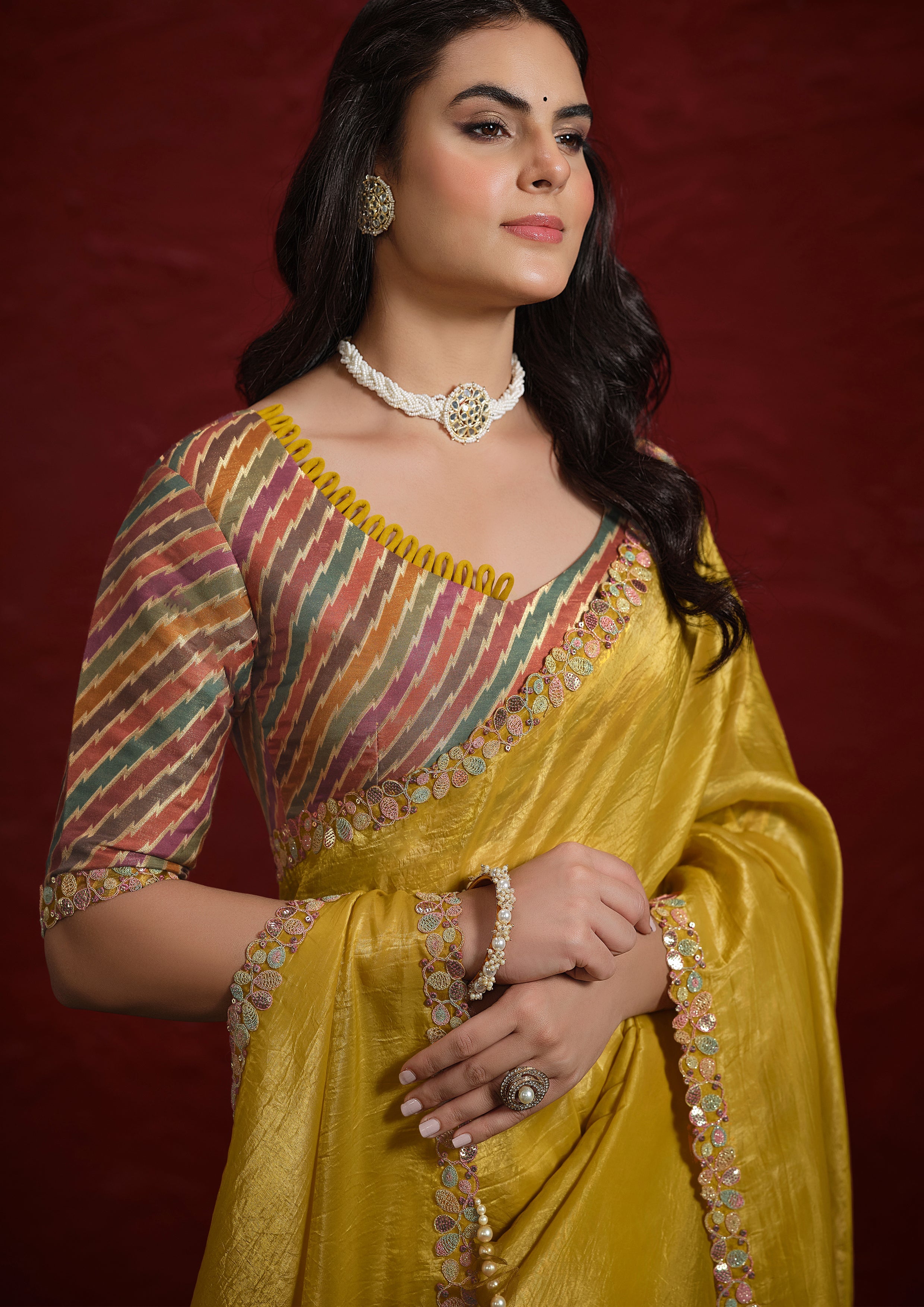 Mustard Yellow Embroidered Paper Silk Saree
