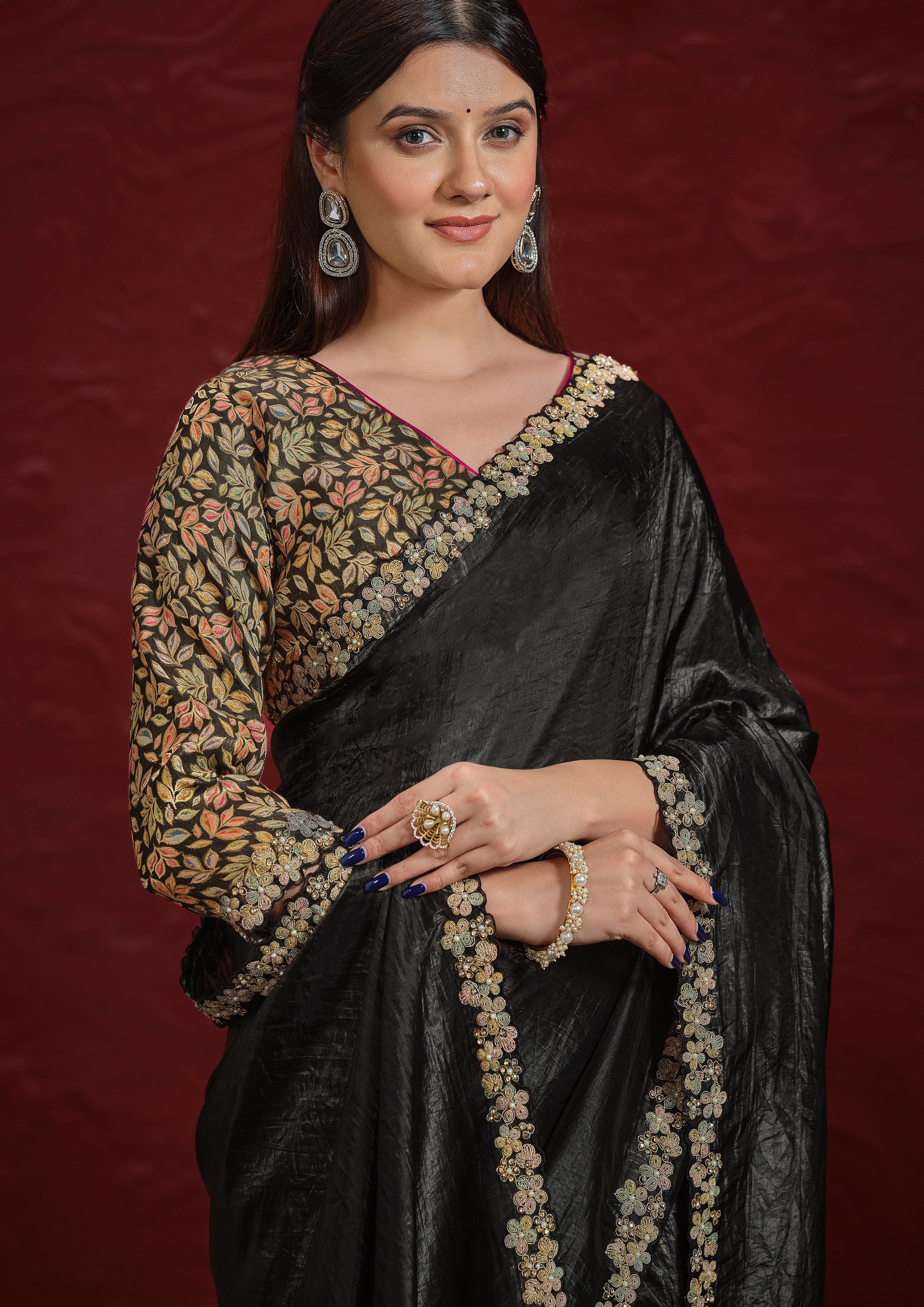 Obsidian Black Embroidered Paper Silk Saree