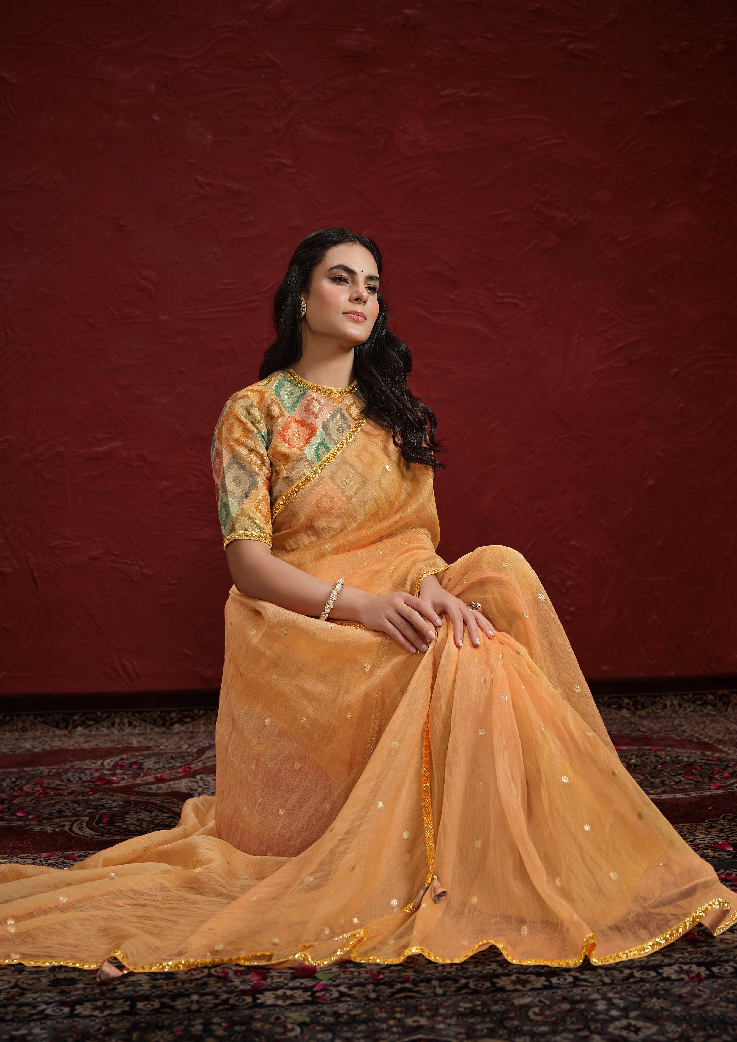 Peach Orange Embellished Jacquard Tussar Silk Saree