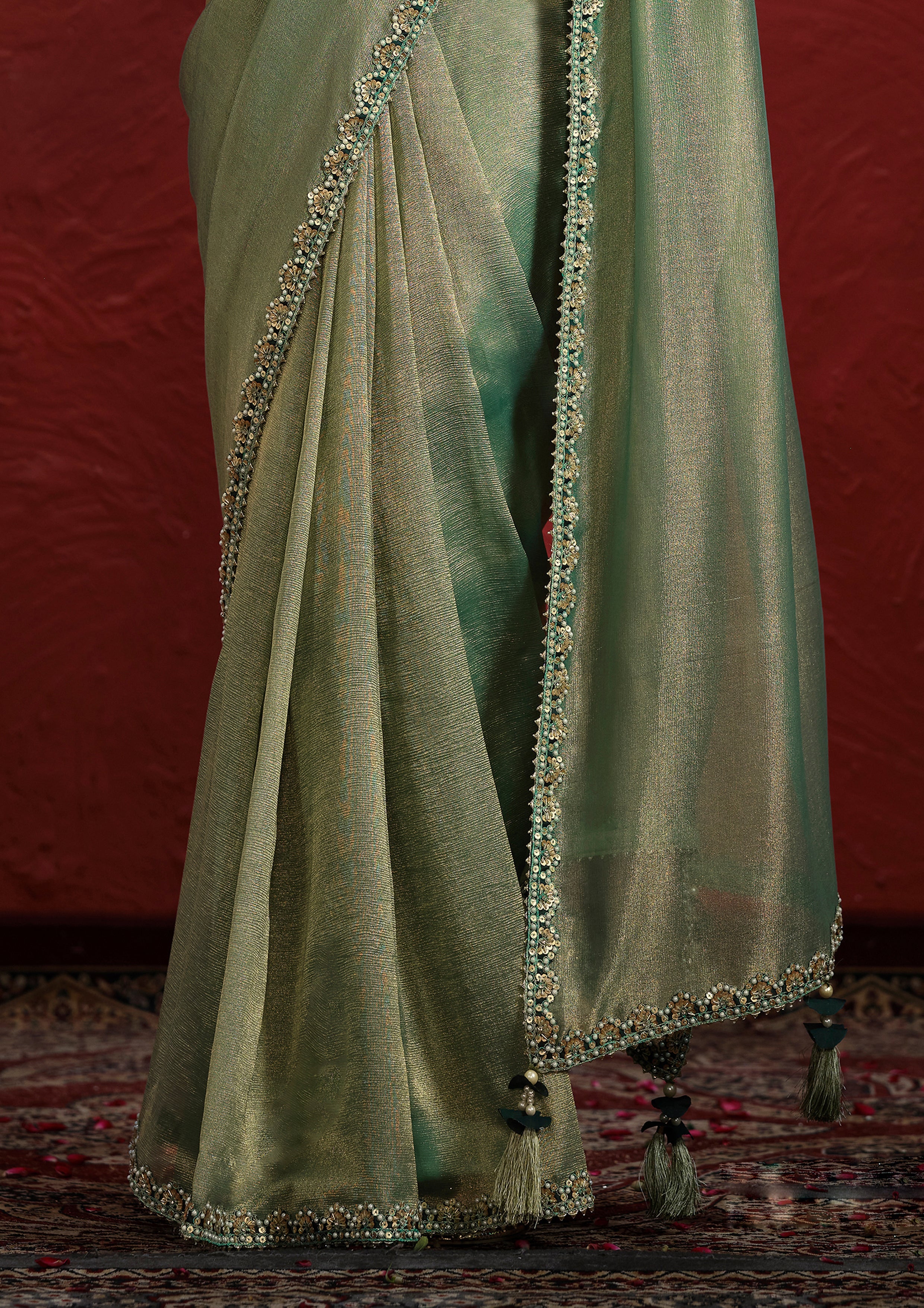 Sage Green Embellished Tissue Silk Saree