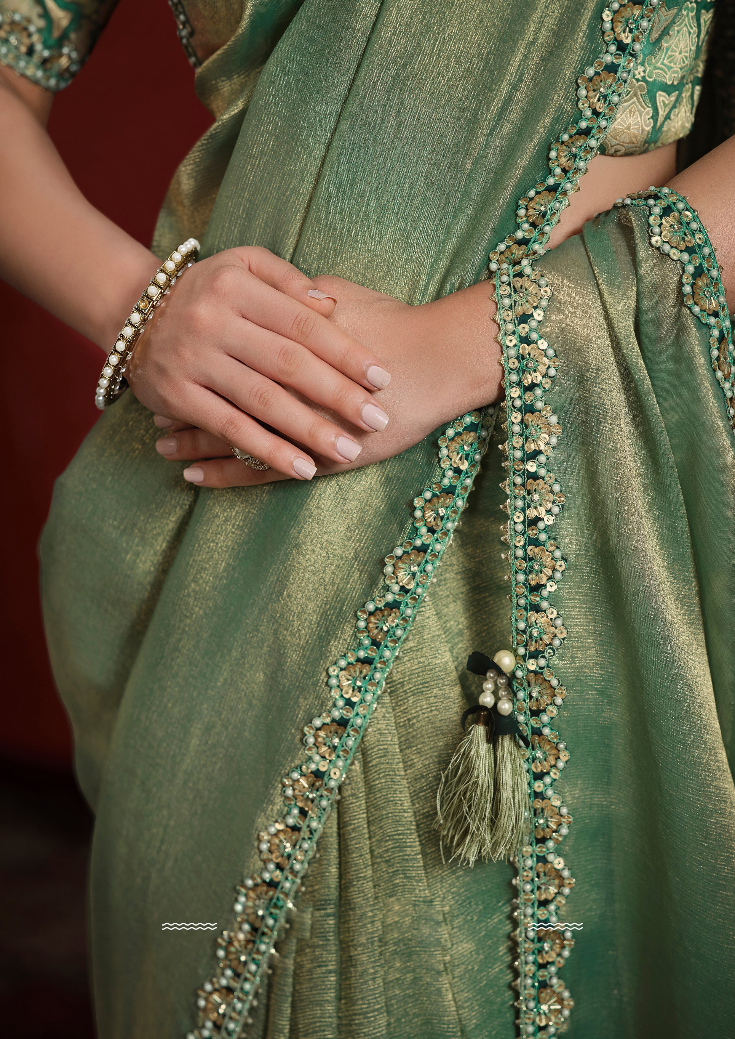 Sage Green Embellished Tissue Silk Saree