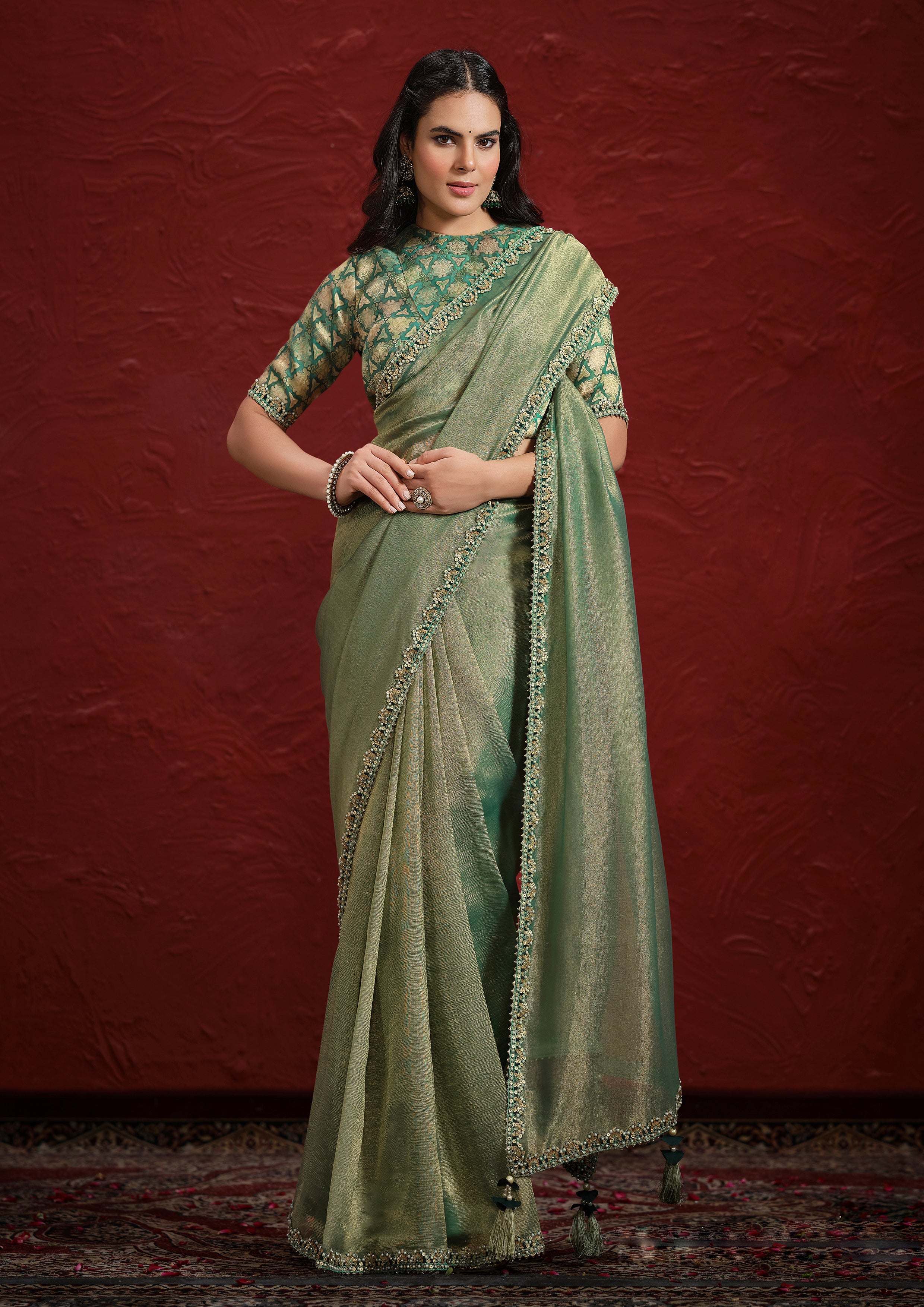 Sage Green Embellished Tissue Silk Saree