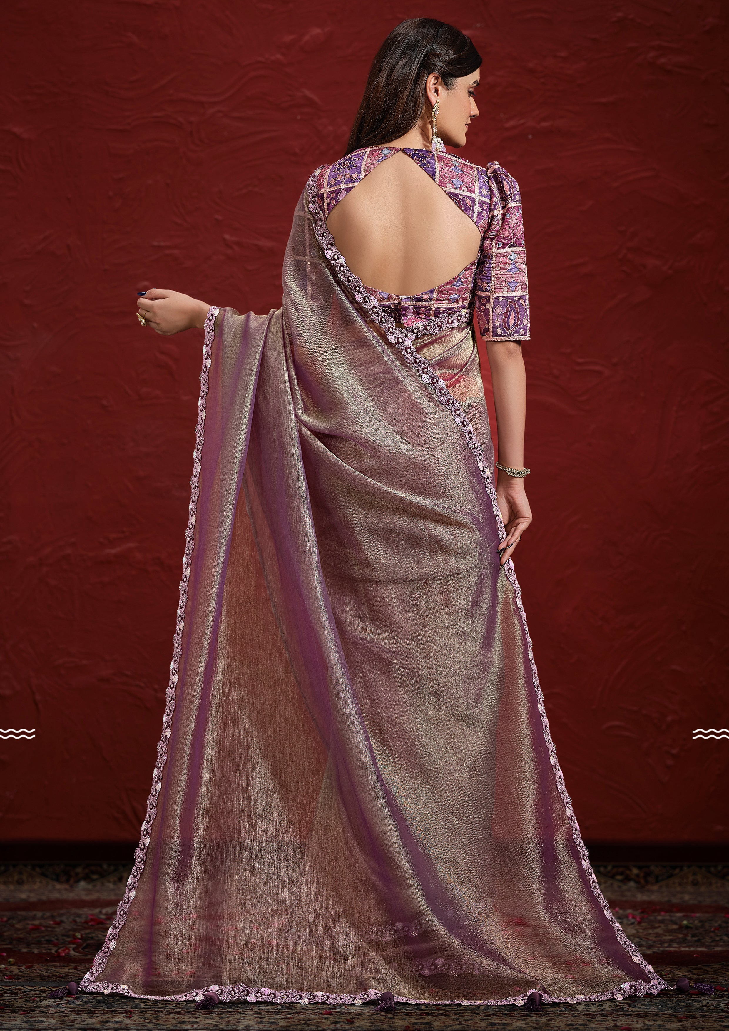 Mauve Embellished Tissue Silk Saree