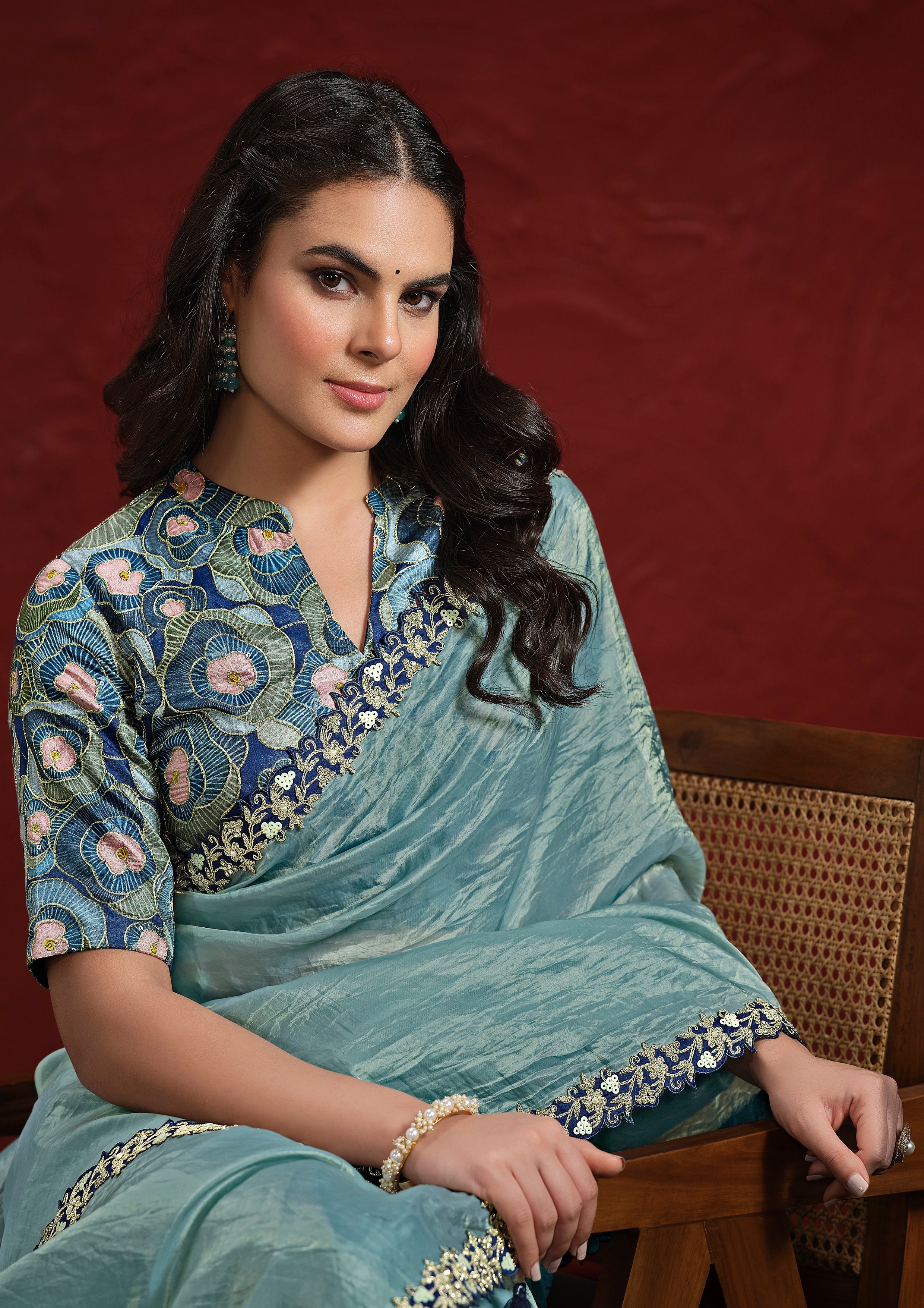 Sea Blue Embellished Paper Silk Saree