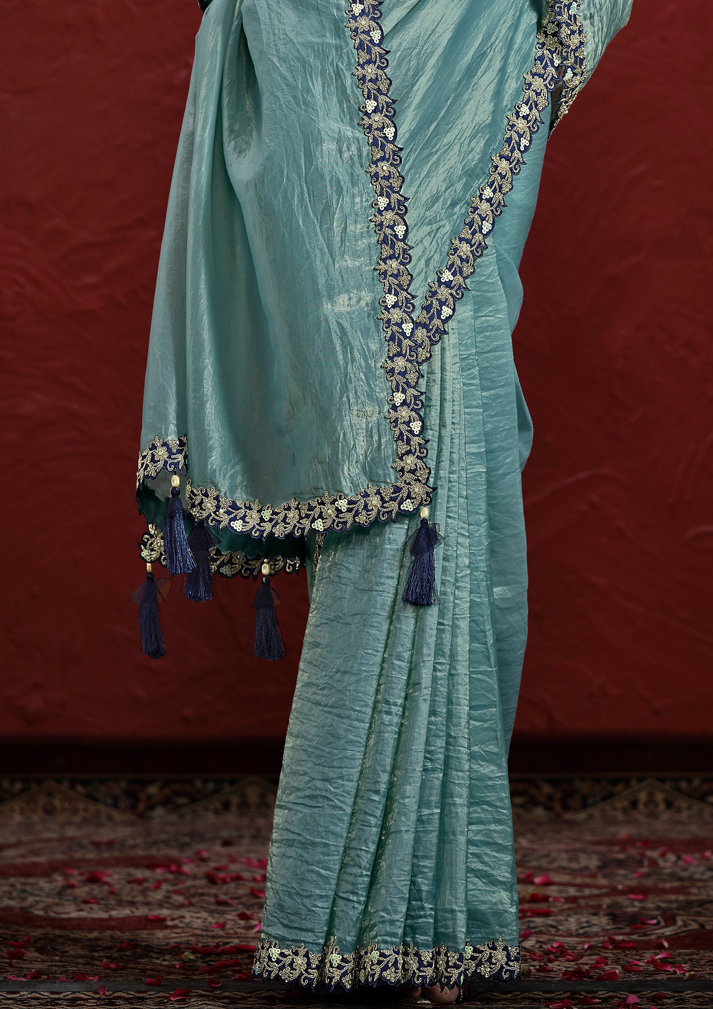Sea Blue Embellished Paper Silk Saree