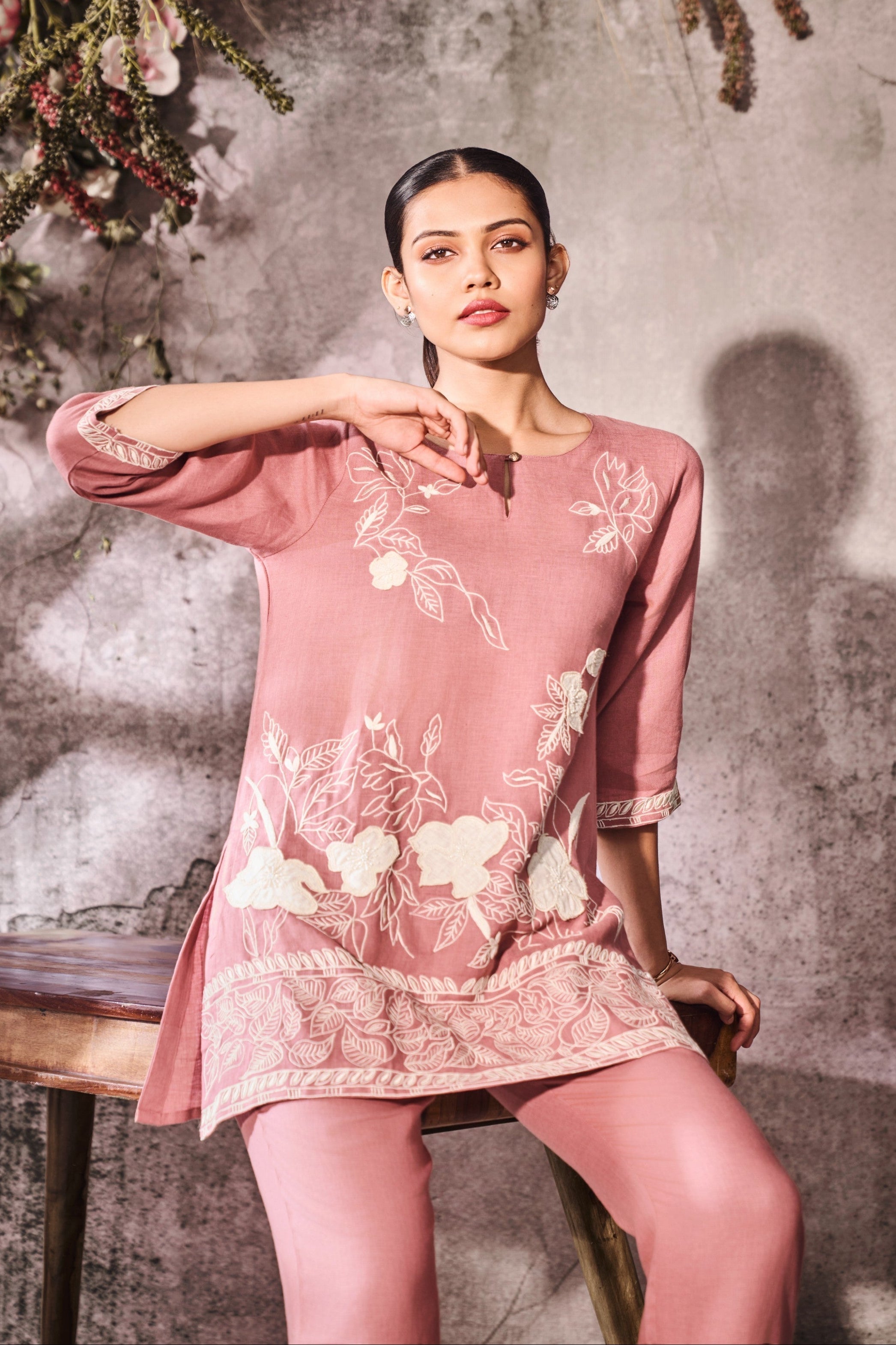 Dusty Rose Embroidered Linen Co-ord Set