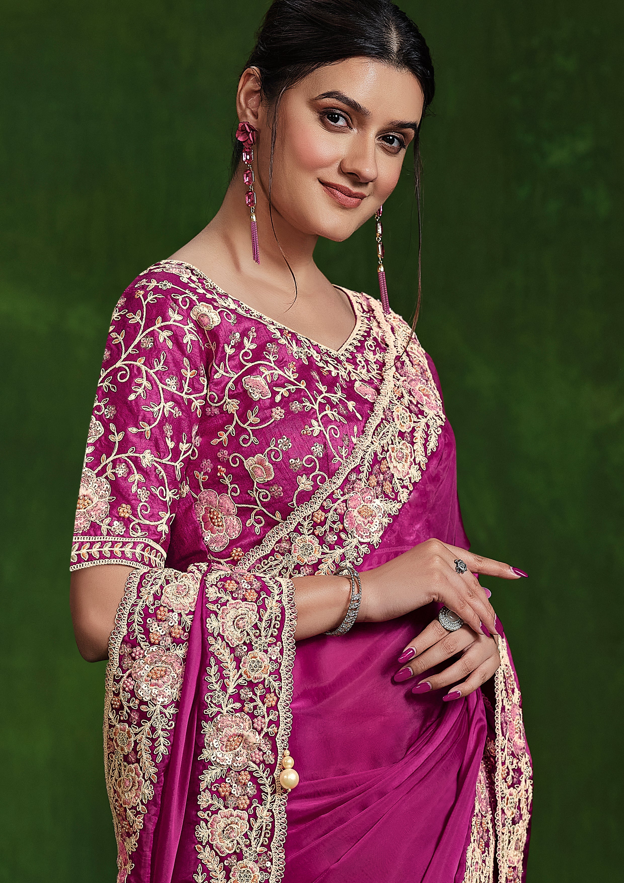 Poppy Pink Embellished Habutai Silk Saree