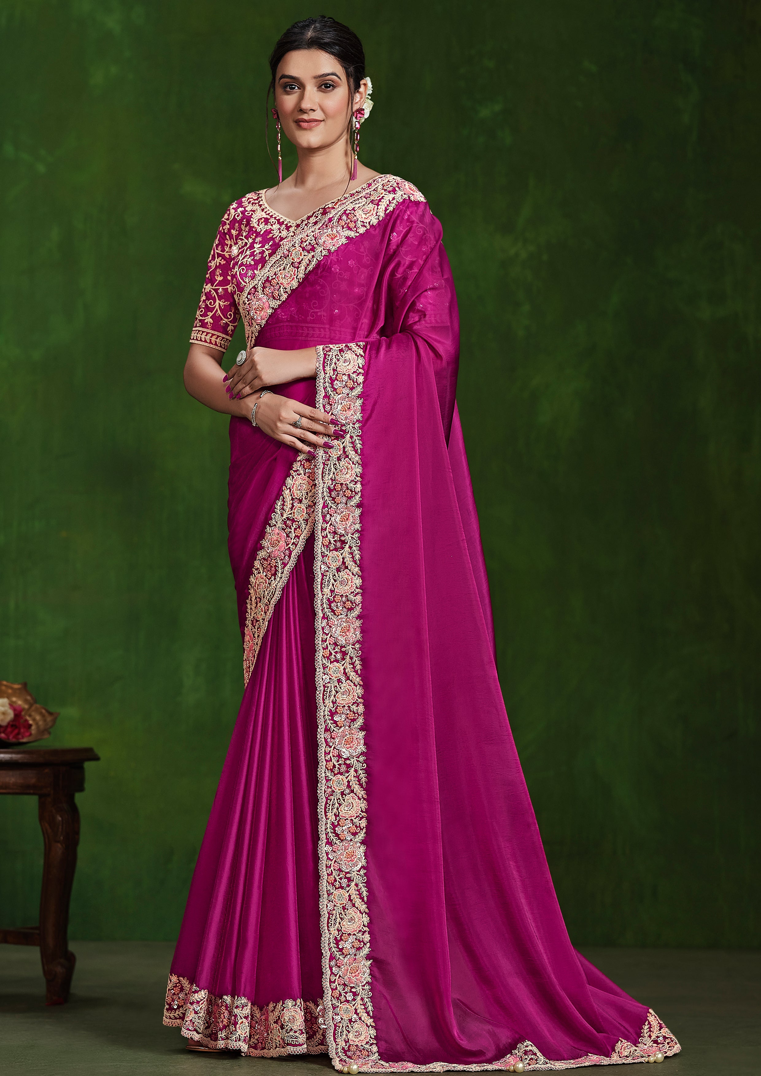 Poppy Pink Embellished Habutai Silk Saree