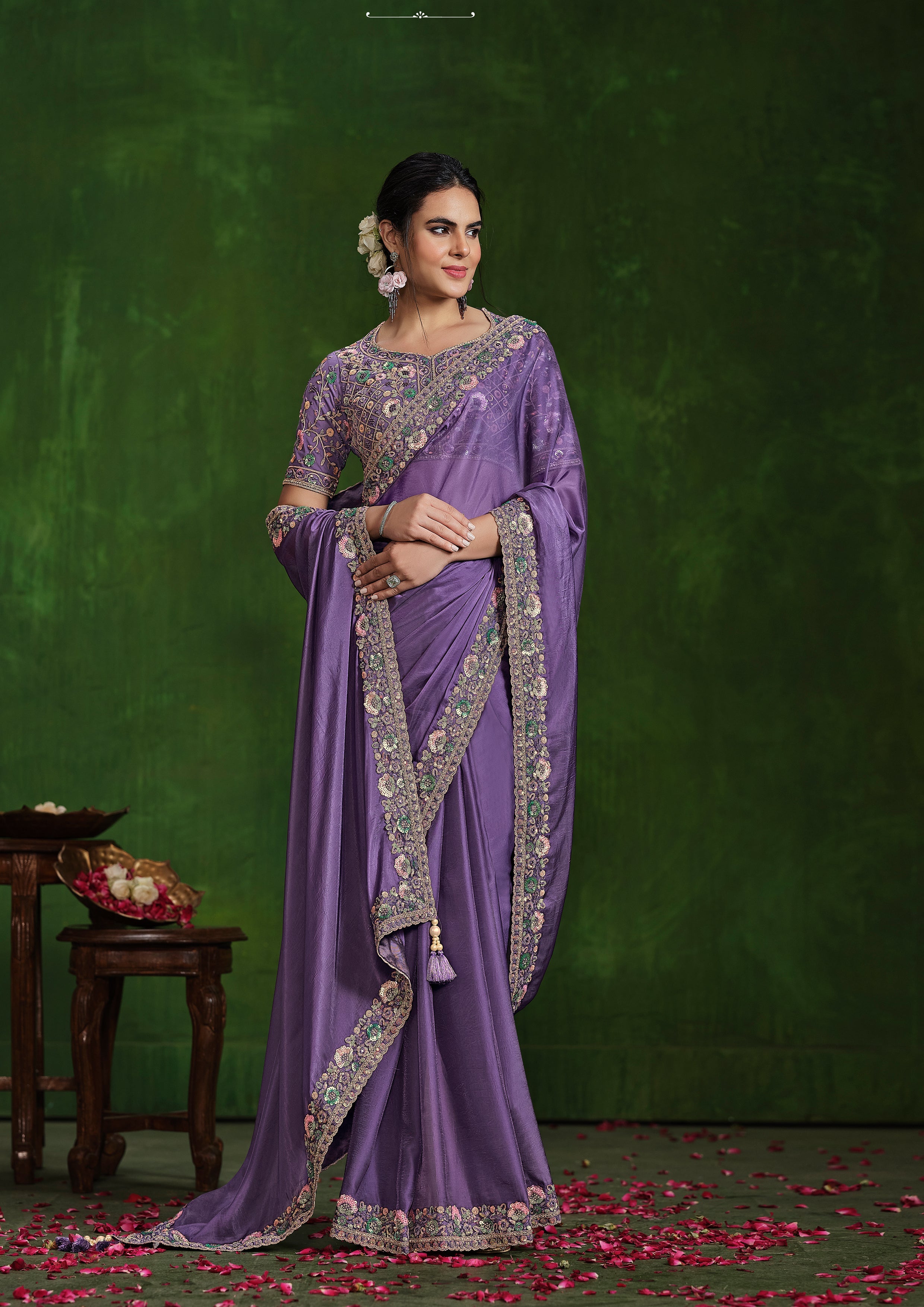 Grape Mist Embellished Habutai Silk Saree