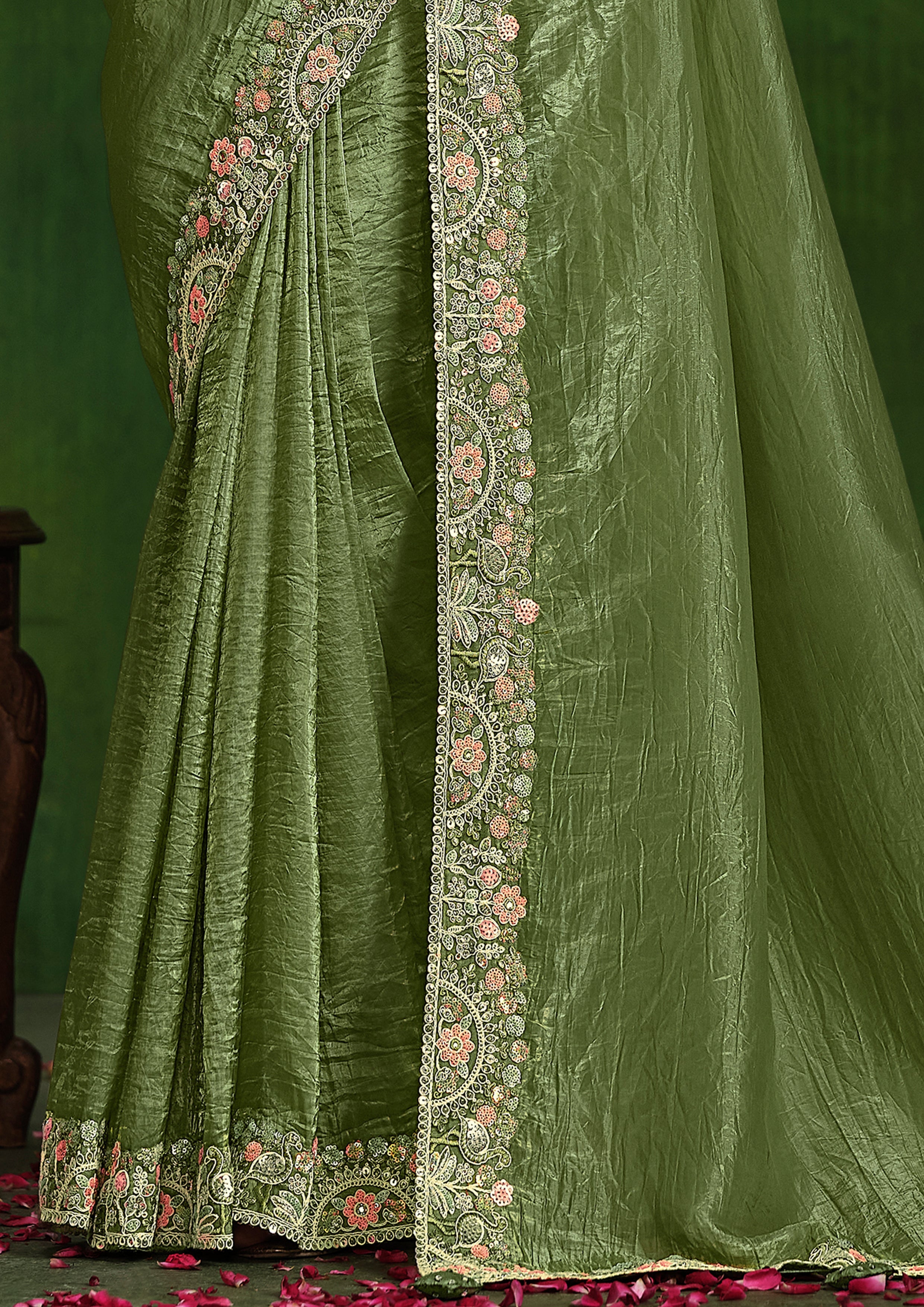 Fern Green Embellished Crushed Paper Silk Saree