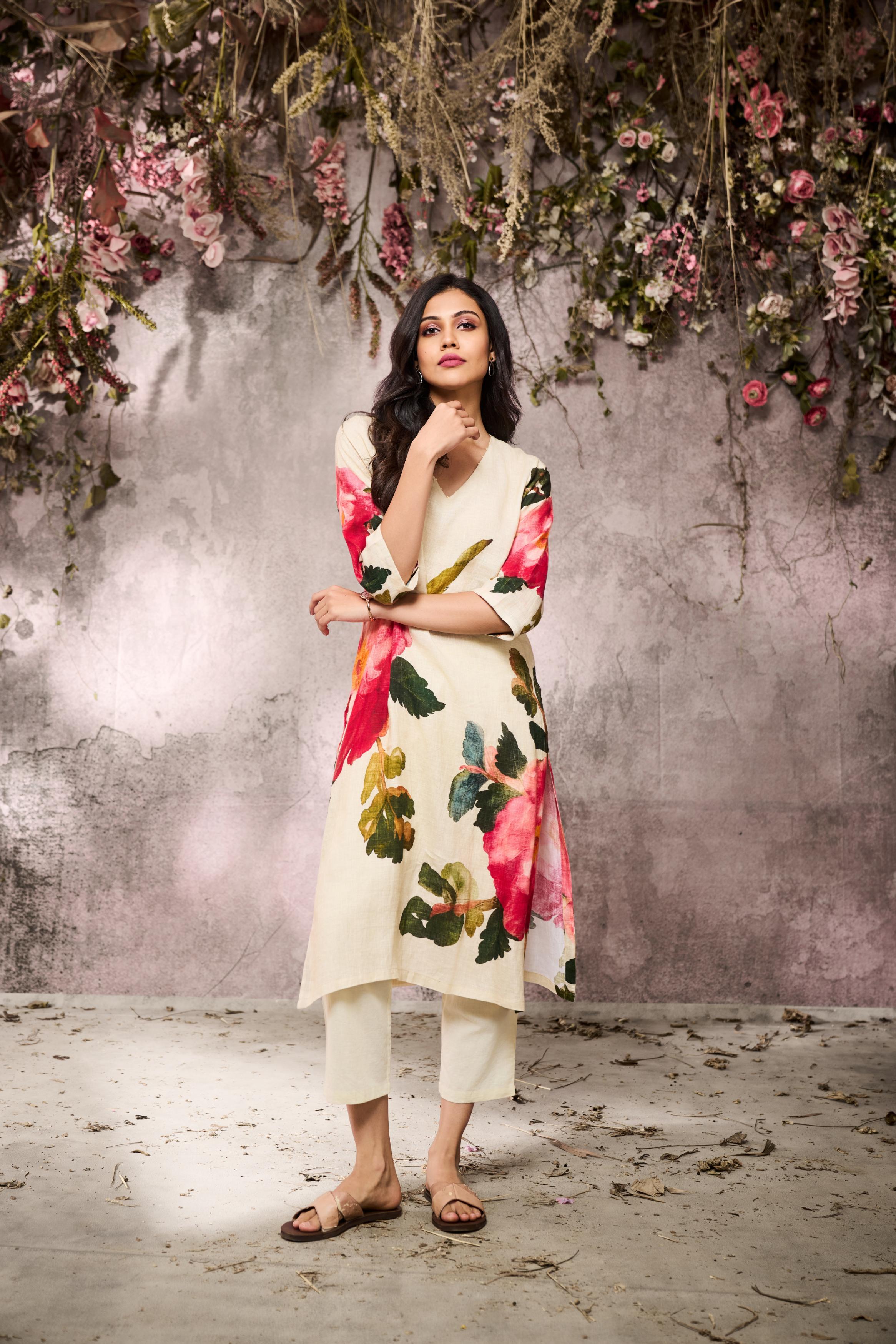 Cream Printed Linen Light Kurta Pant Set