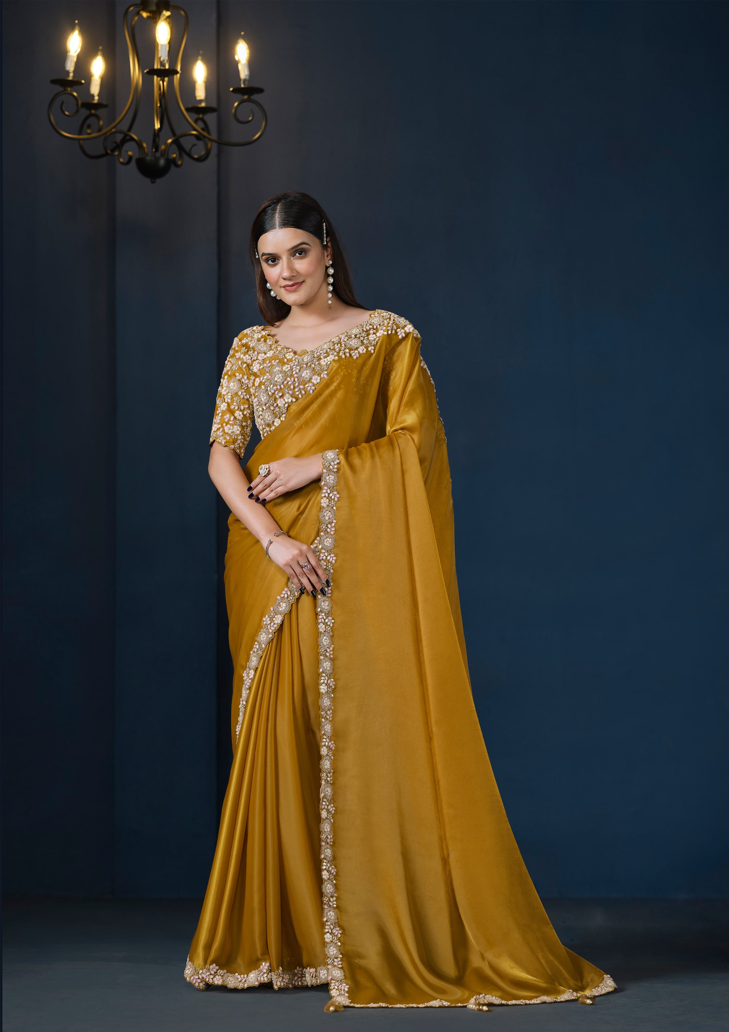 Ochre Gold Embellished Crepe Satin Silk Saree
