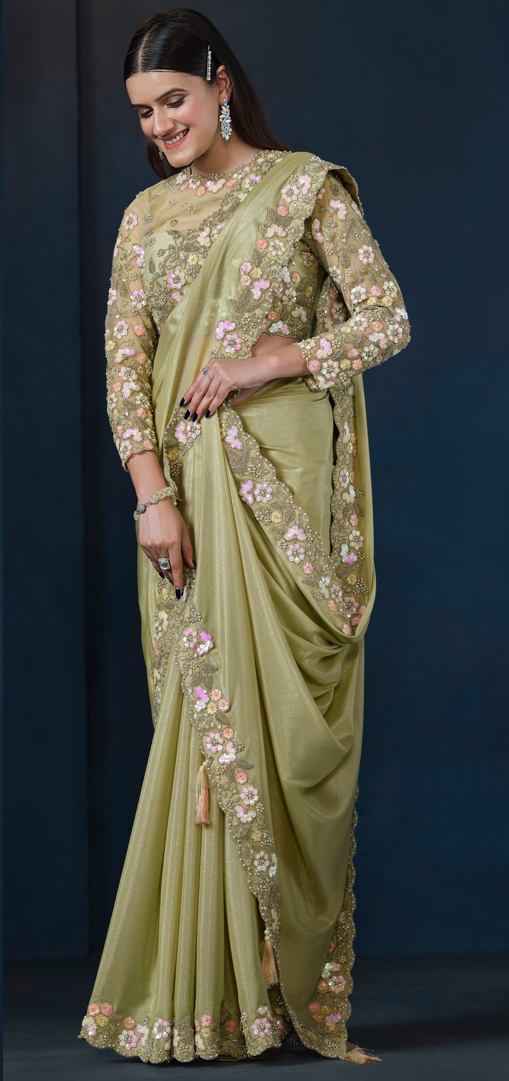 Pistachio Pastel Embellished Crepe Satin Silk Saree