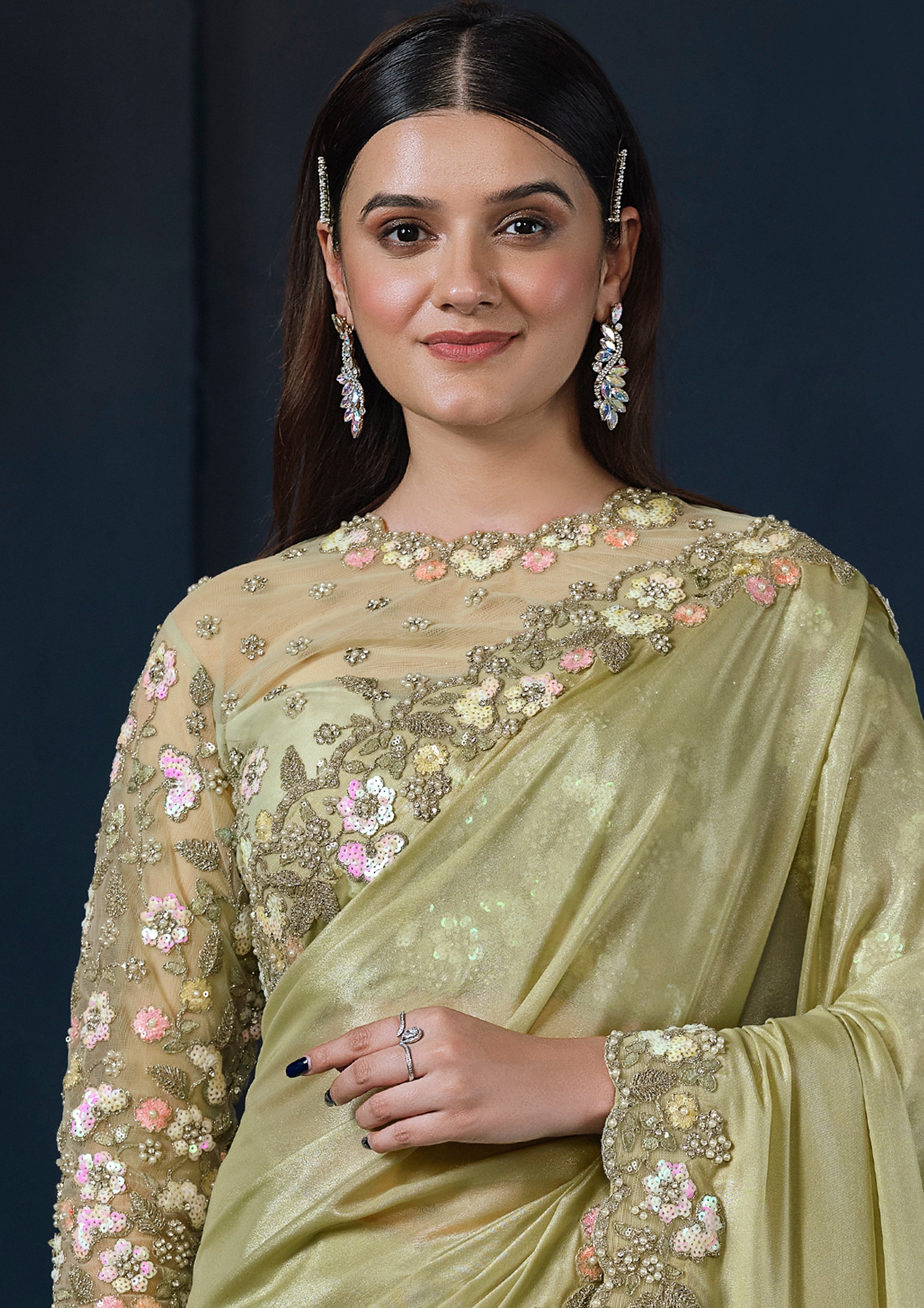 Pistachio Pastel Embellished Crepe Satin Silk Saree
