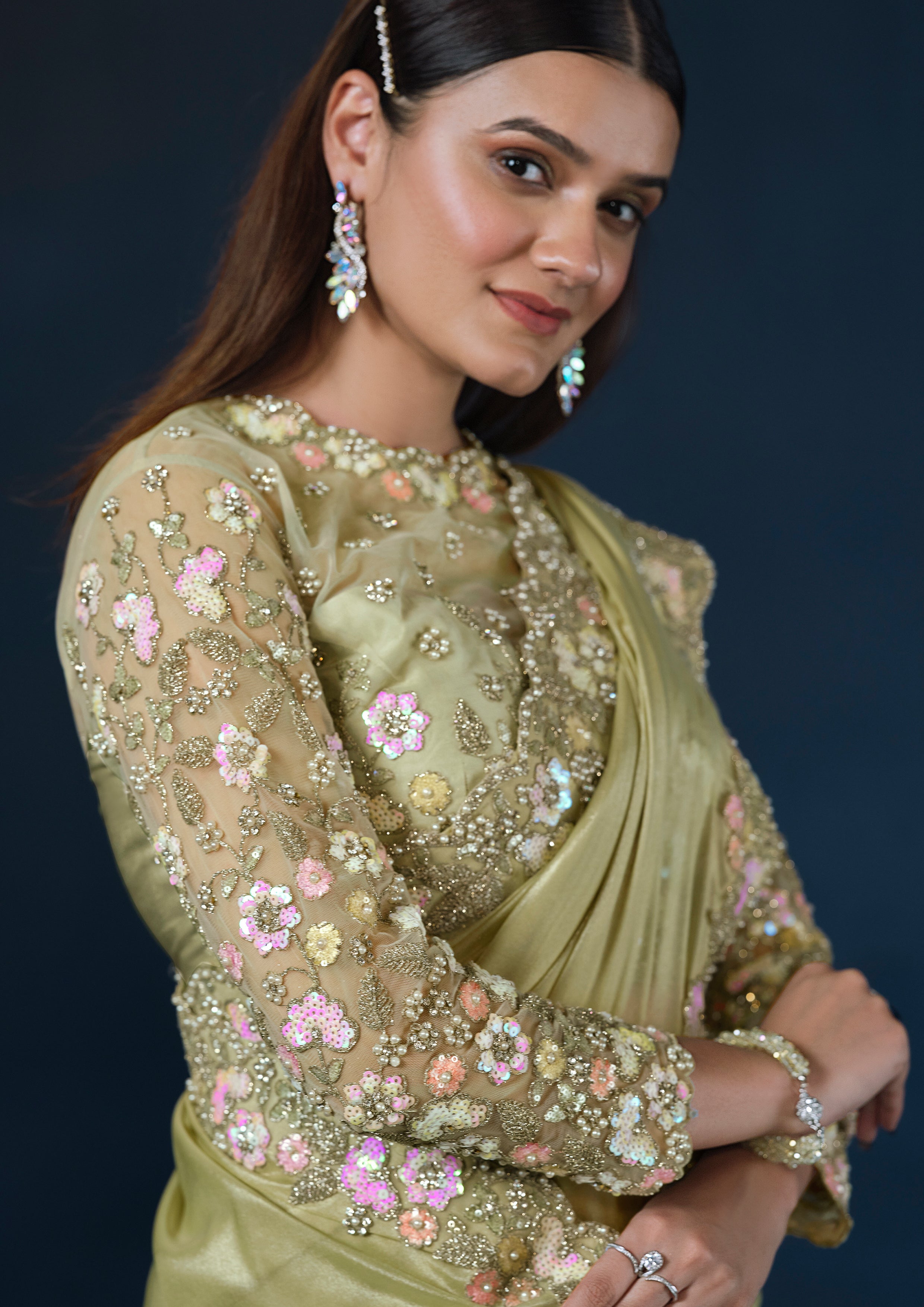 Pistachio Pastel Embellished Crepe Satin Silk Saree