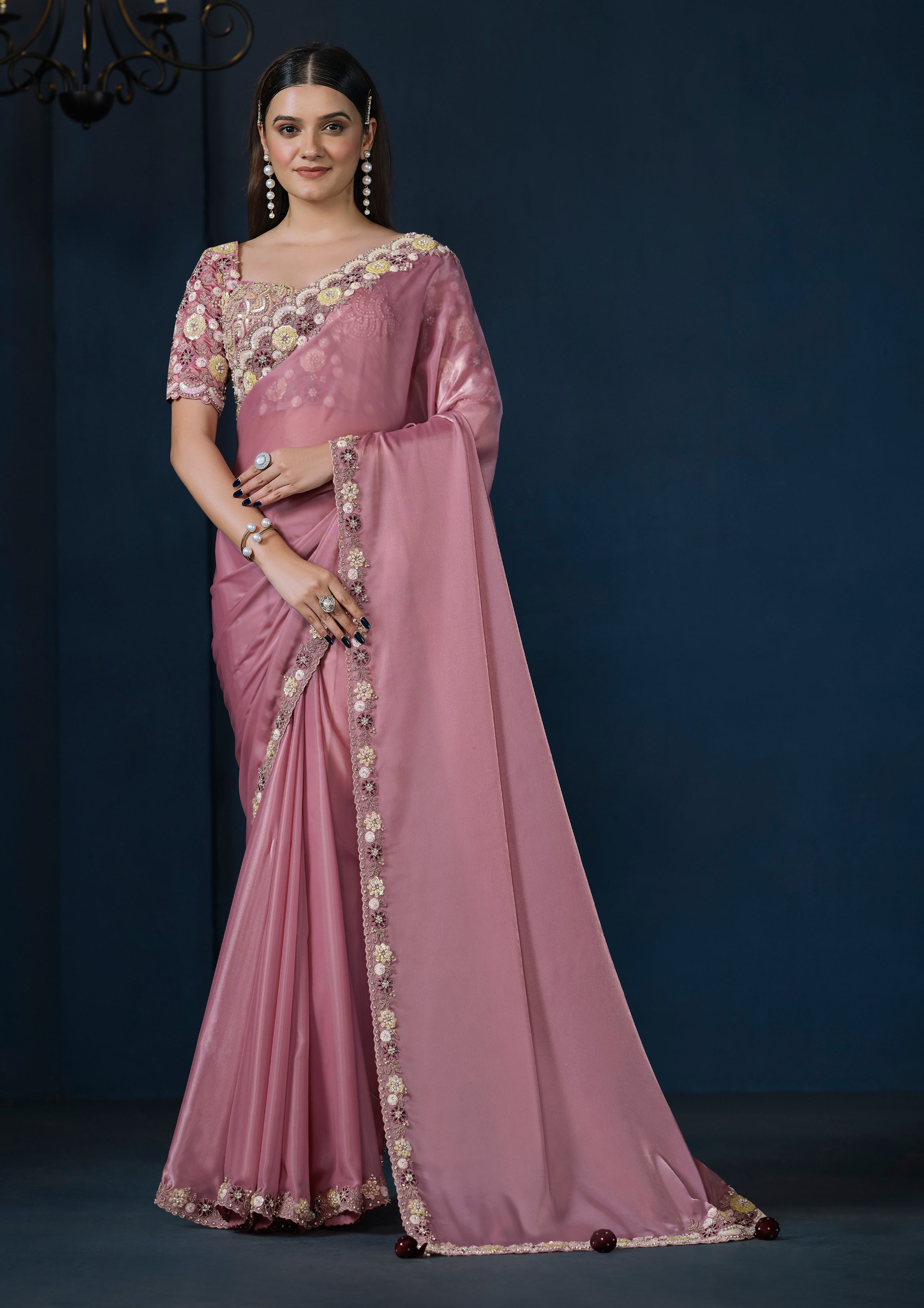 Rose Blossom Embellished Crepe Satin Silk Saree