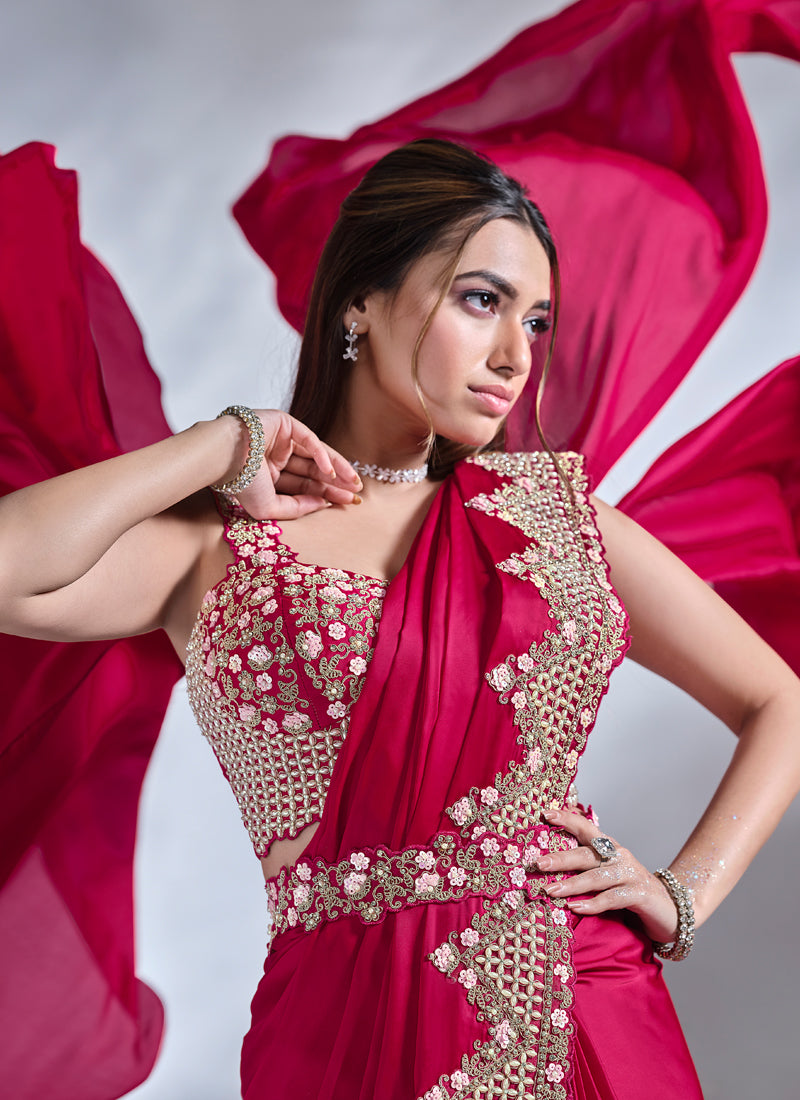 Crimson Red Embellished Crepe Satin Silk Saree