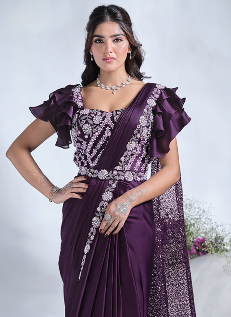 Grape Purple Embellished Crepe Satin Silk Saree