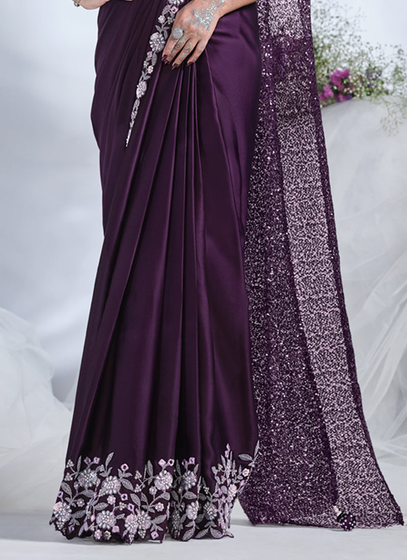 Grape Purple Embellished Crepe Satin Silk Saree
