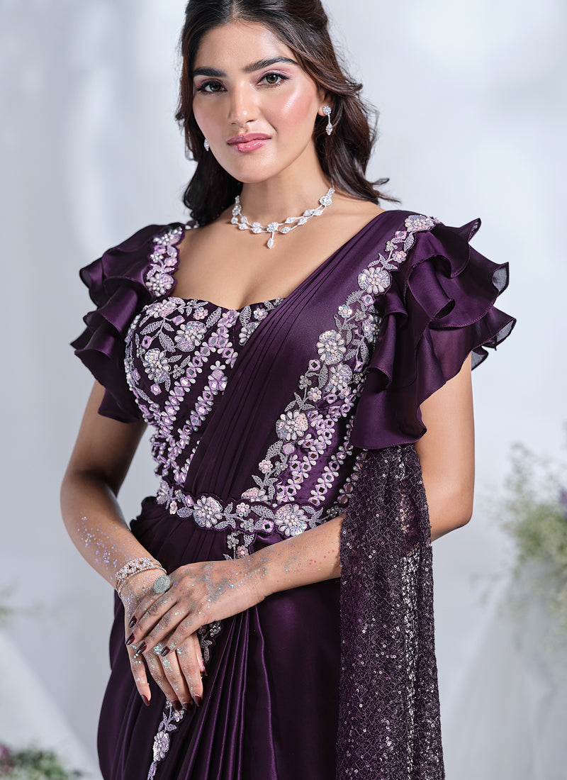 Grape Purple Embellished Crepe Satin Silk Saree
