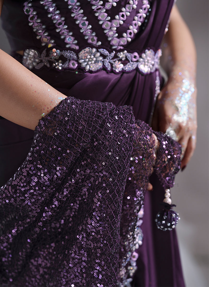 Grape Purple Embellished Crepe Satin Silk Saree