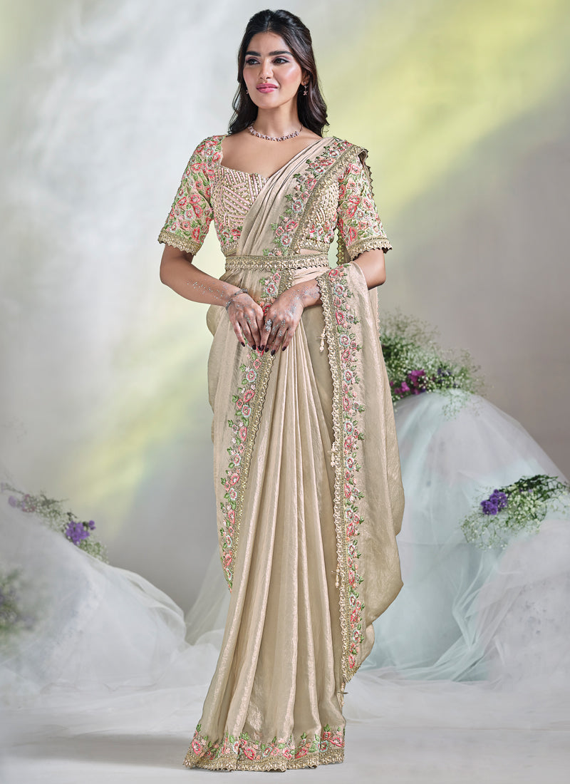 Beige Embellished Tussar Silk Saree