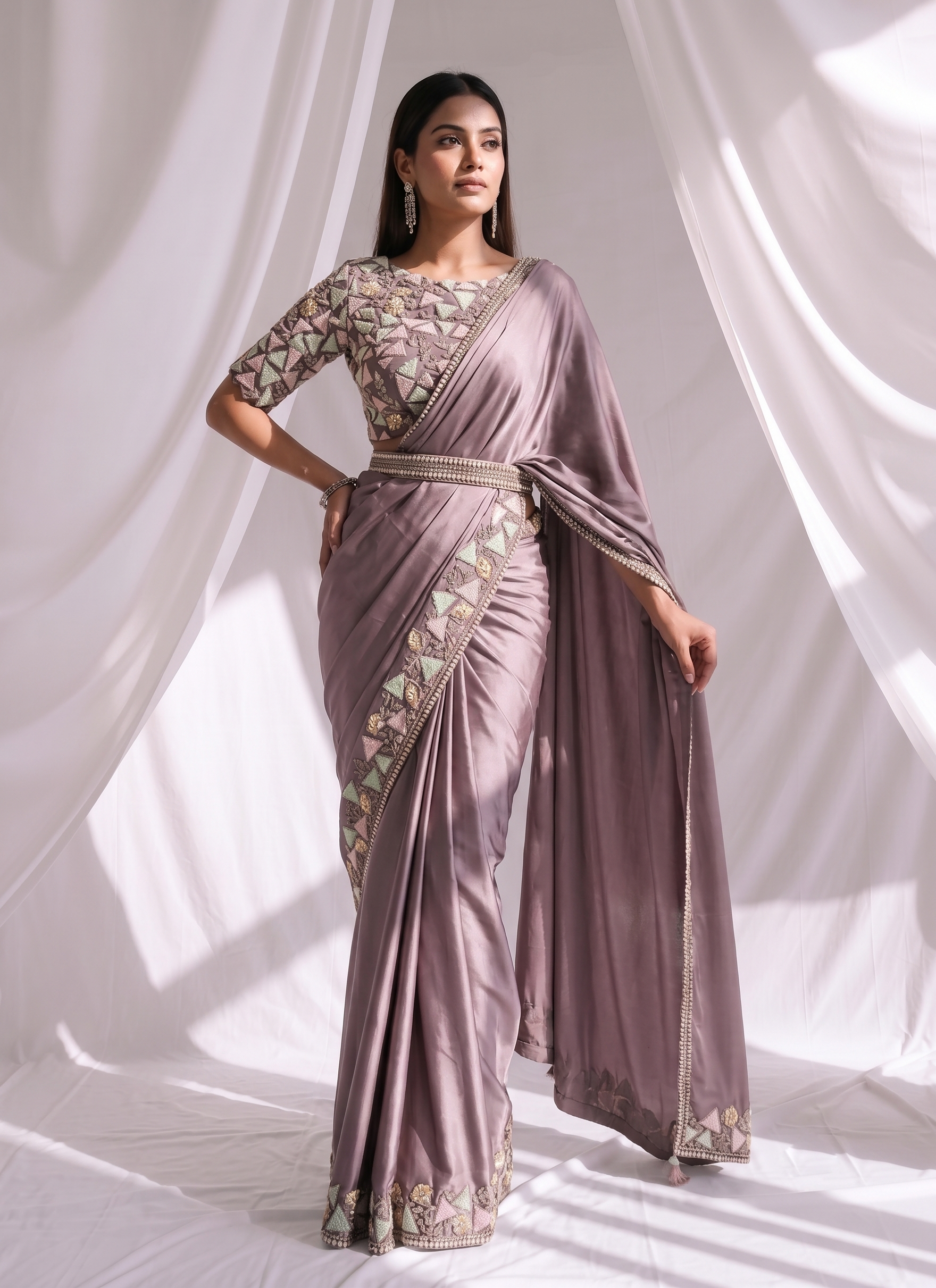 Mauve Dust Embellished Satin Silk Saree