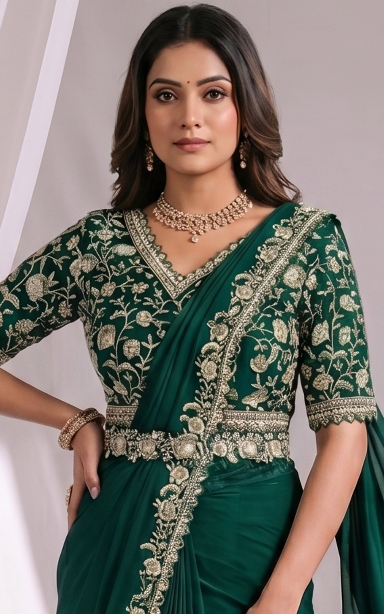 Ivy Green Embellished Satin Silk Saree
