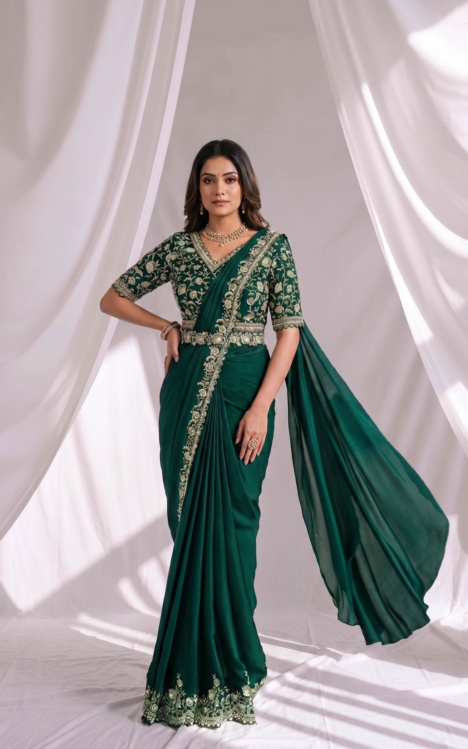 Ivy Green Embellished Satin Silk Saree