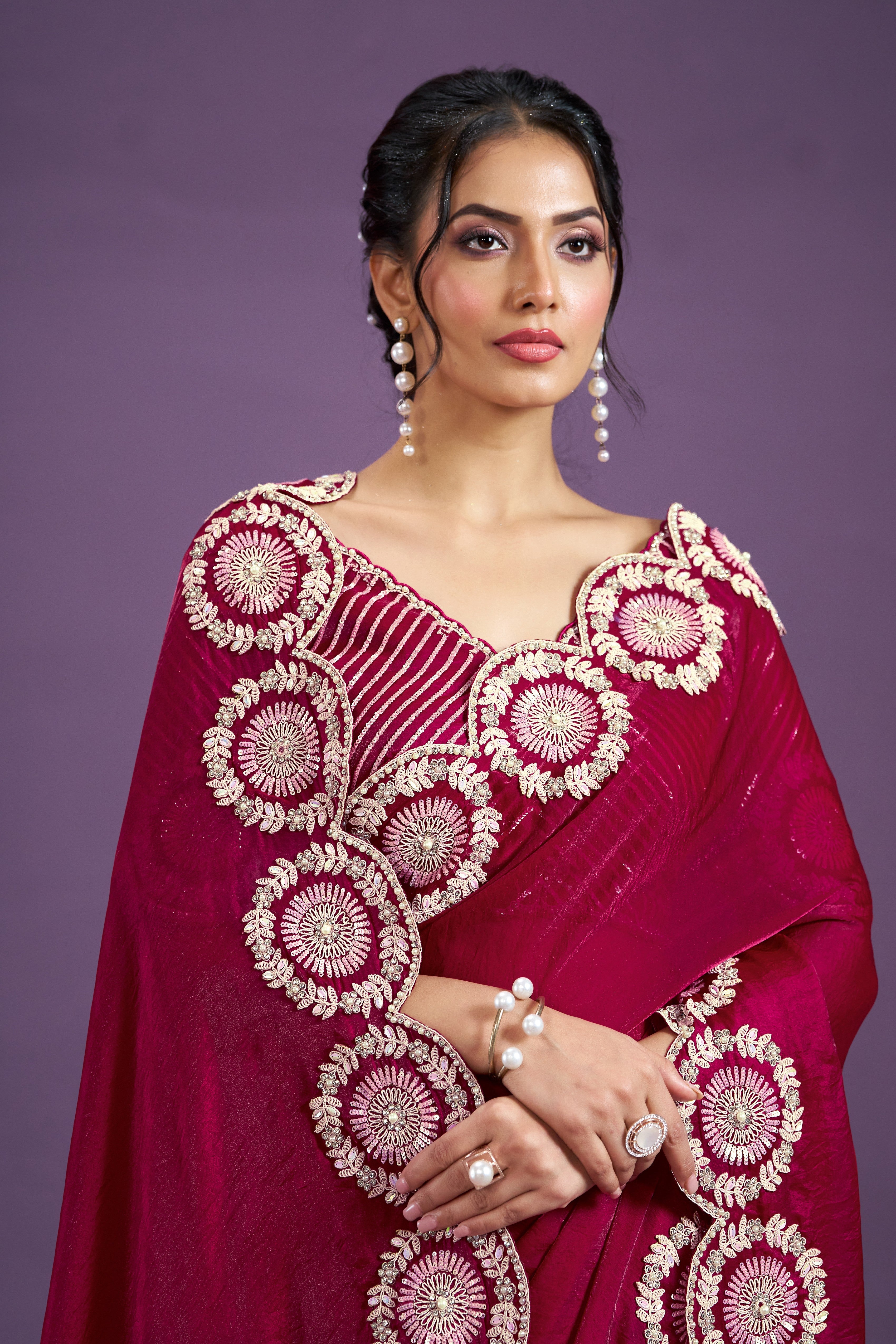 Rani Pink Embellished Satin Silk Saree