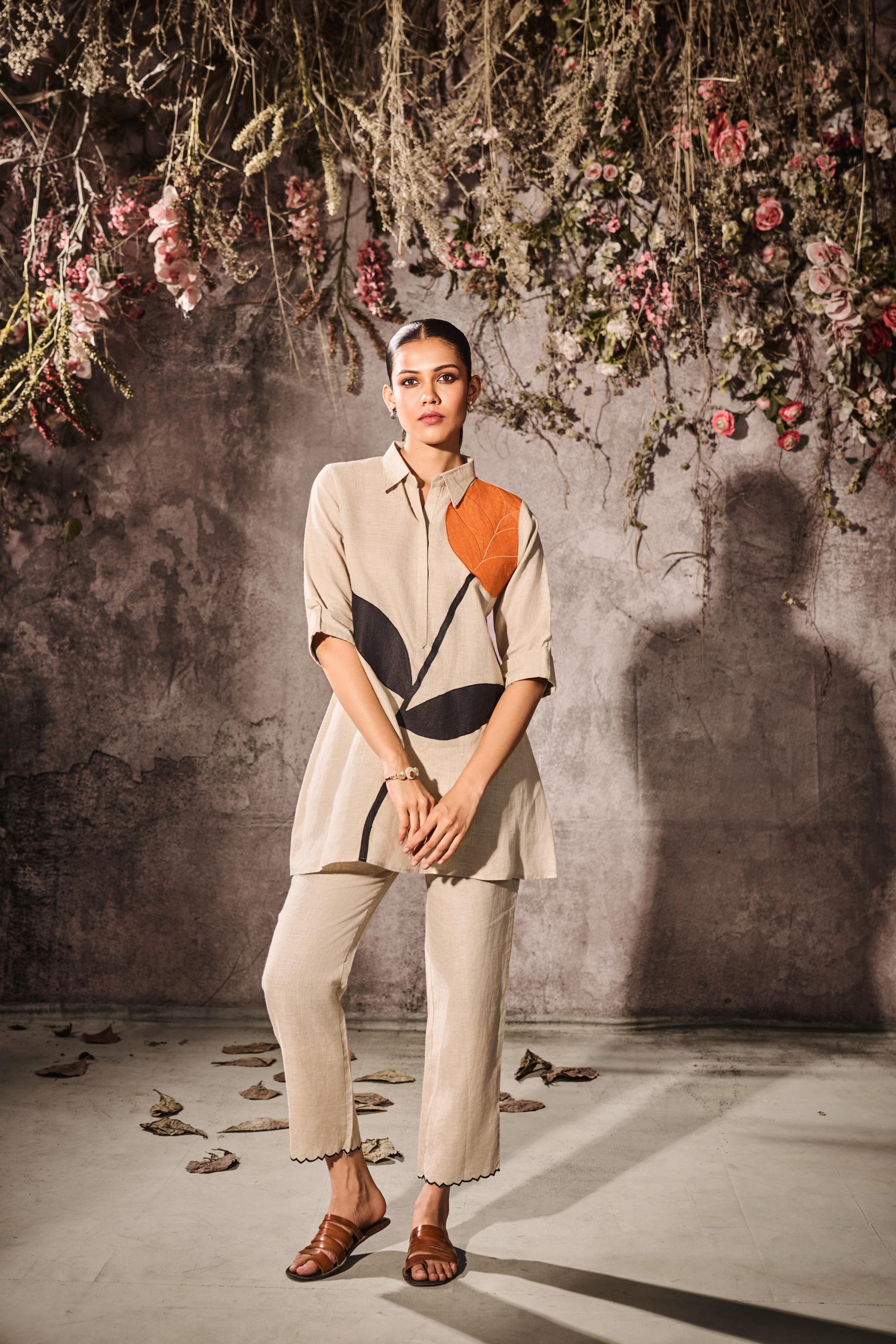 Khaki Printed Linen Silk Co-Ord Set