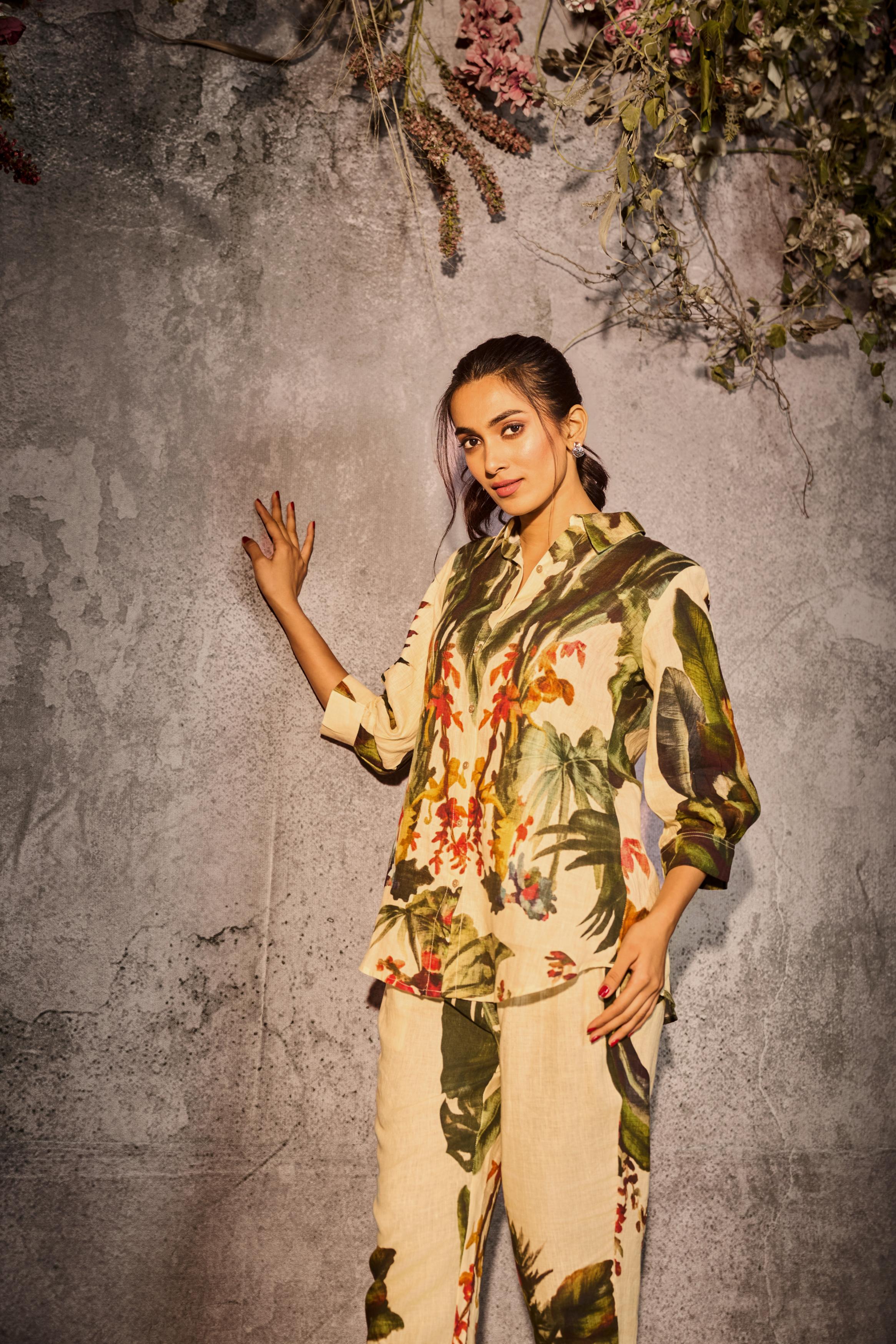 Cream Floral Printed Linen Silk Co-Ord Set